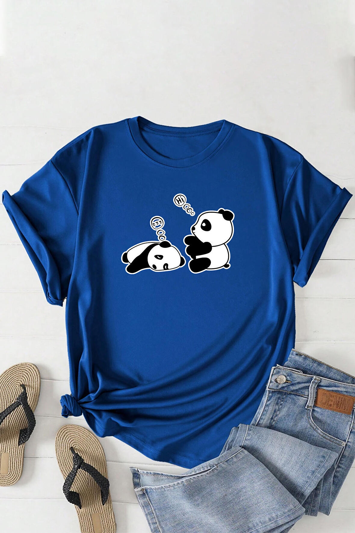 Unisex Uykucu Panda Baskılı Tasarım Tshirt