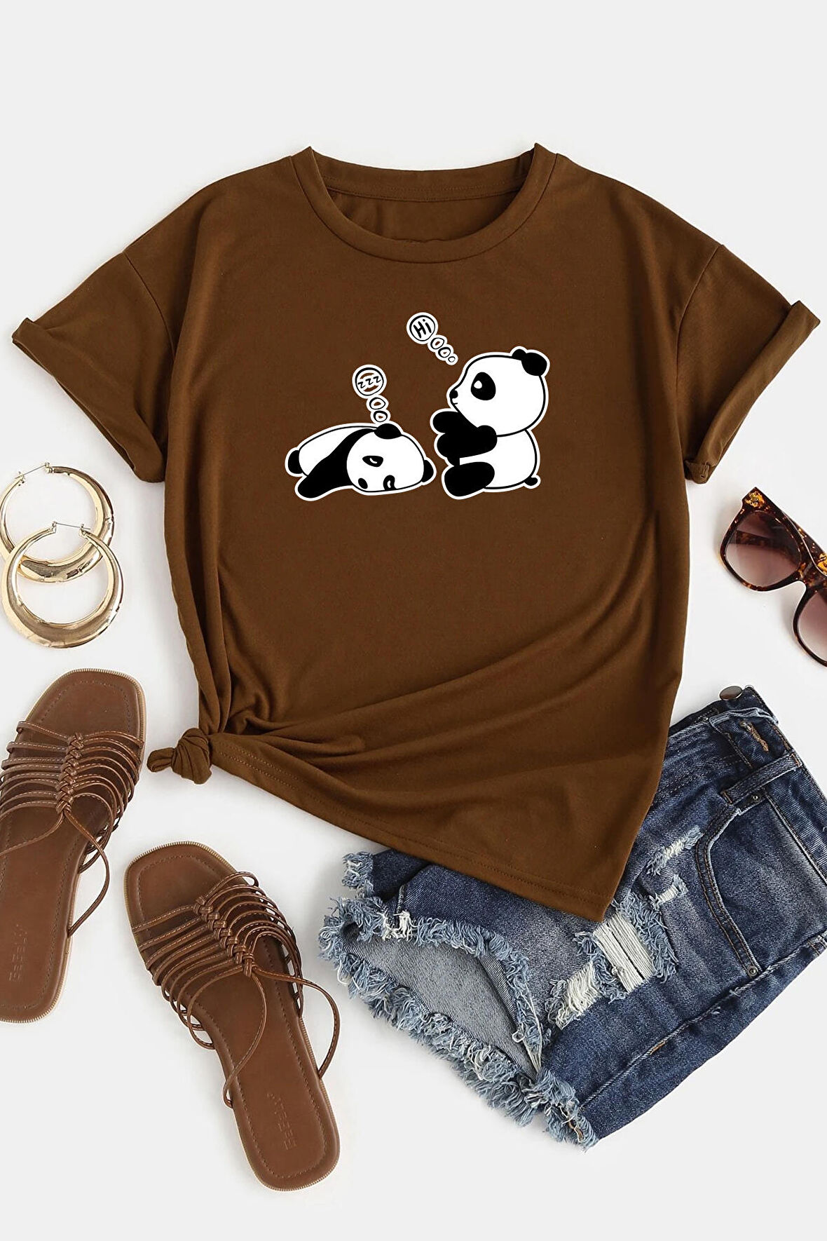 Unisex Uykucu Panda Baskılı Tasarım Tshirt