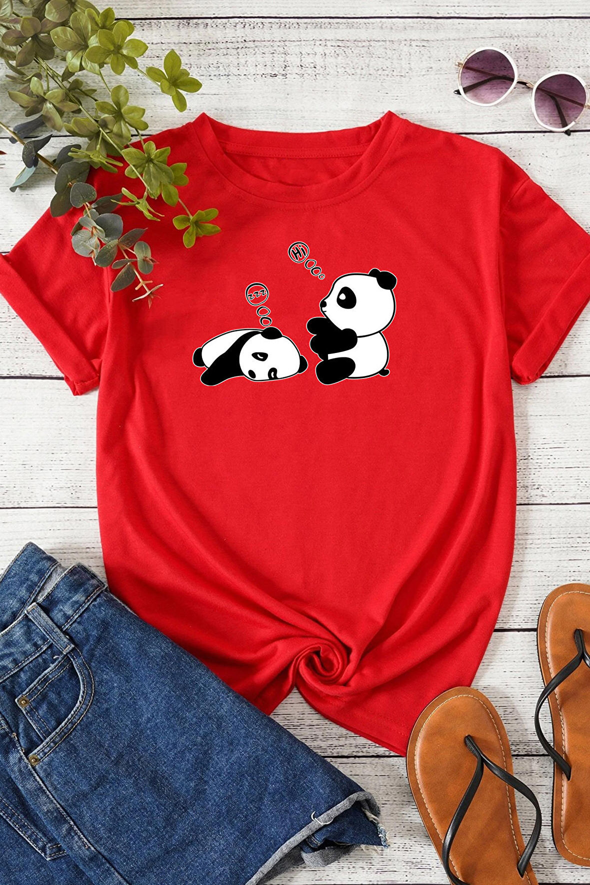 Unisex Uykucu Panda Baskılı Tasarım Tshirt