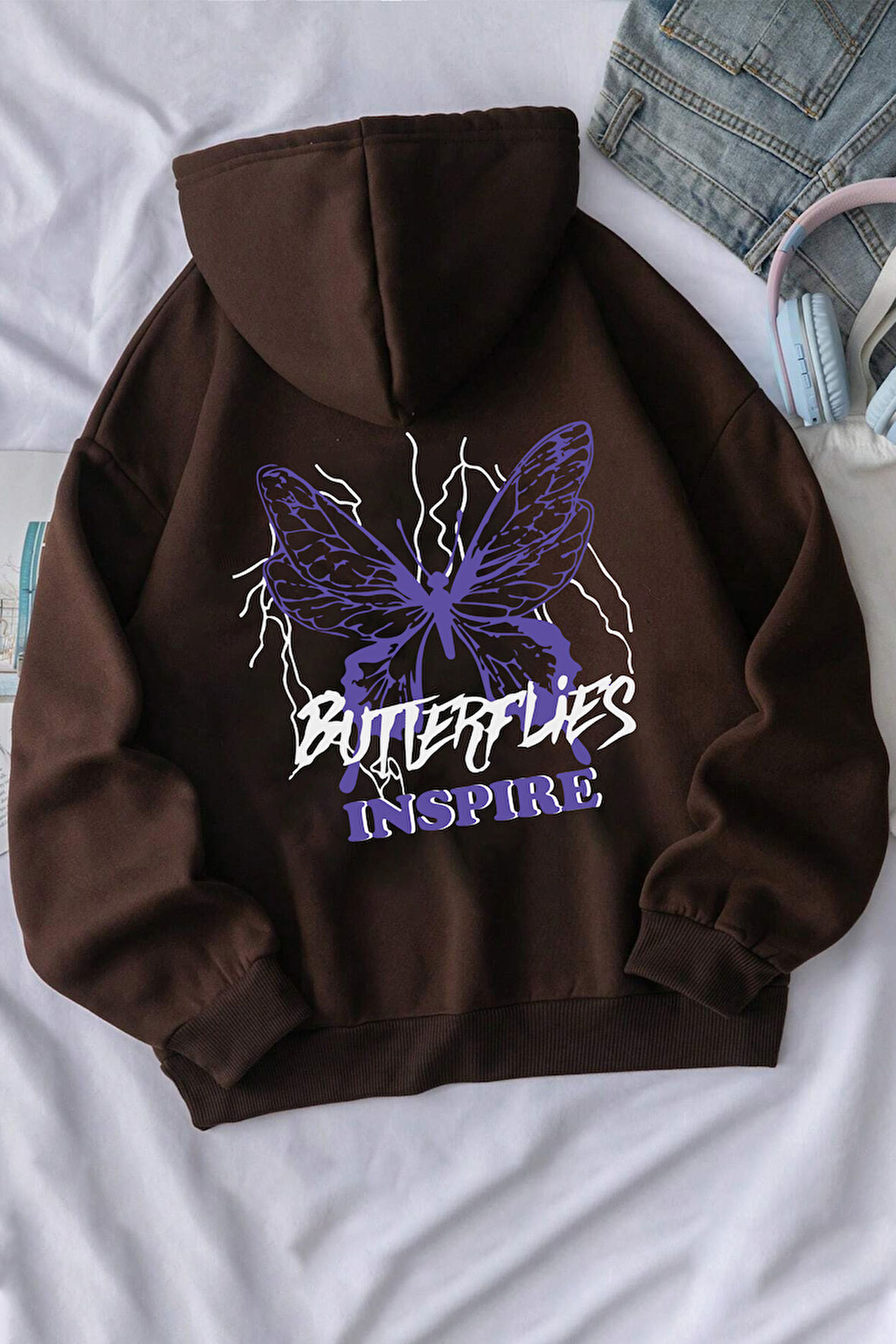 Uyguntarz Unisex Butterfly & Letter Graphic Baskılı Sweatshirt