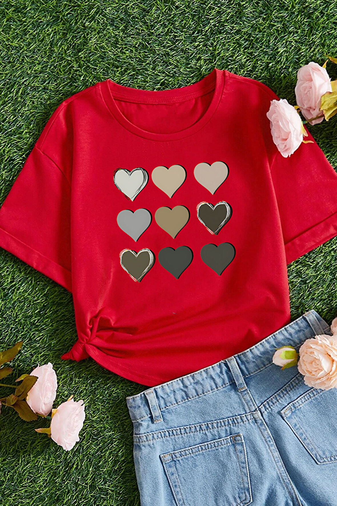 Çocuk Kalp Baskılı Pamuklu Tshirt