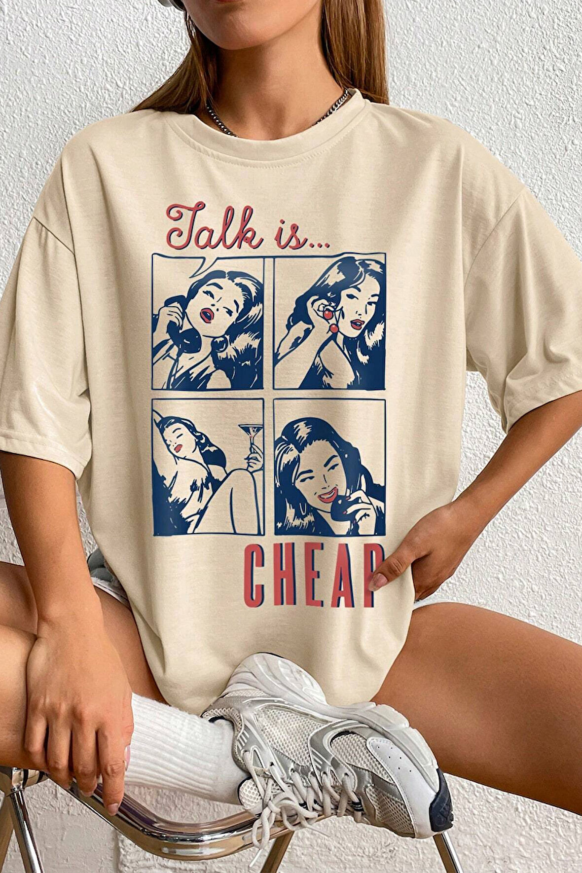 Uyguntarz Unisex Talk is Cheap Baskılı Oversize Tshirt