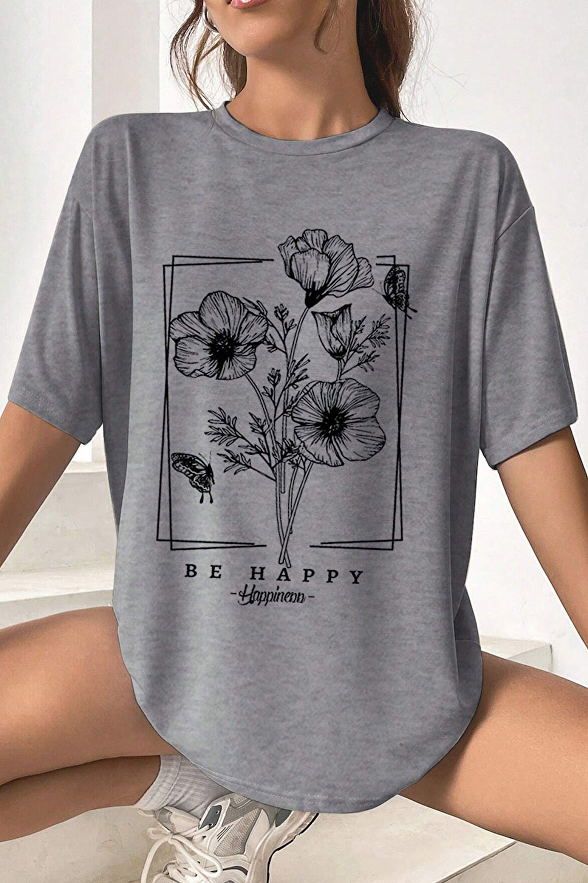 Uyguntarz Unisex Be Happy Baskılı Oversize Tshirt