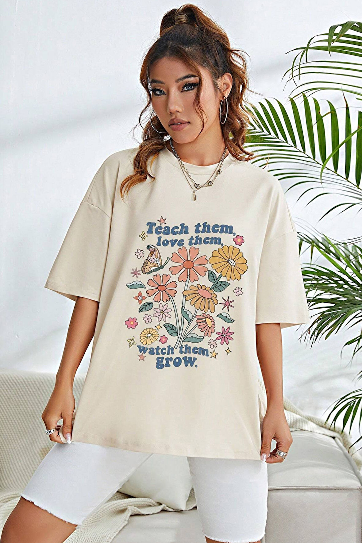 Uyguntarz Unisex Flowers Baskılı Oversize Tshirt