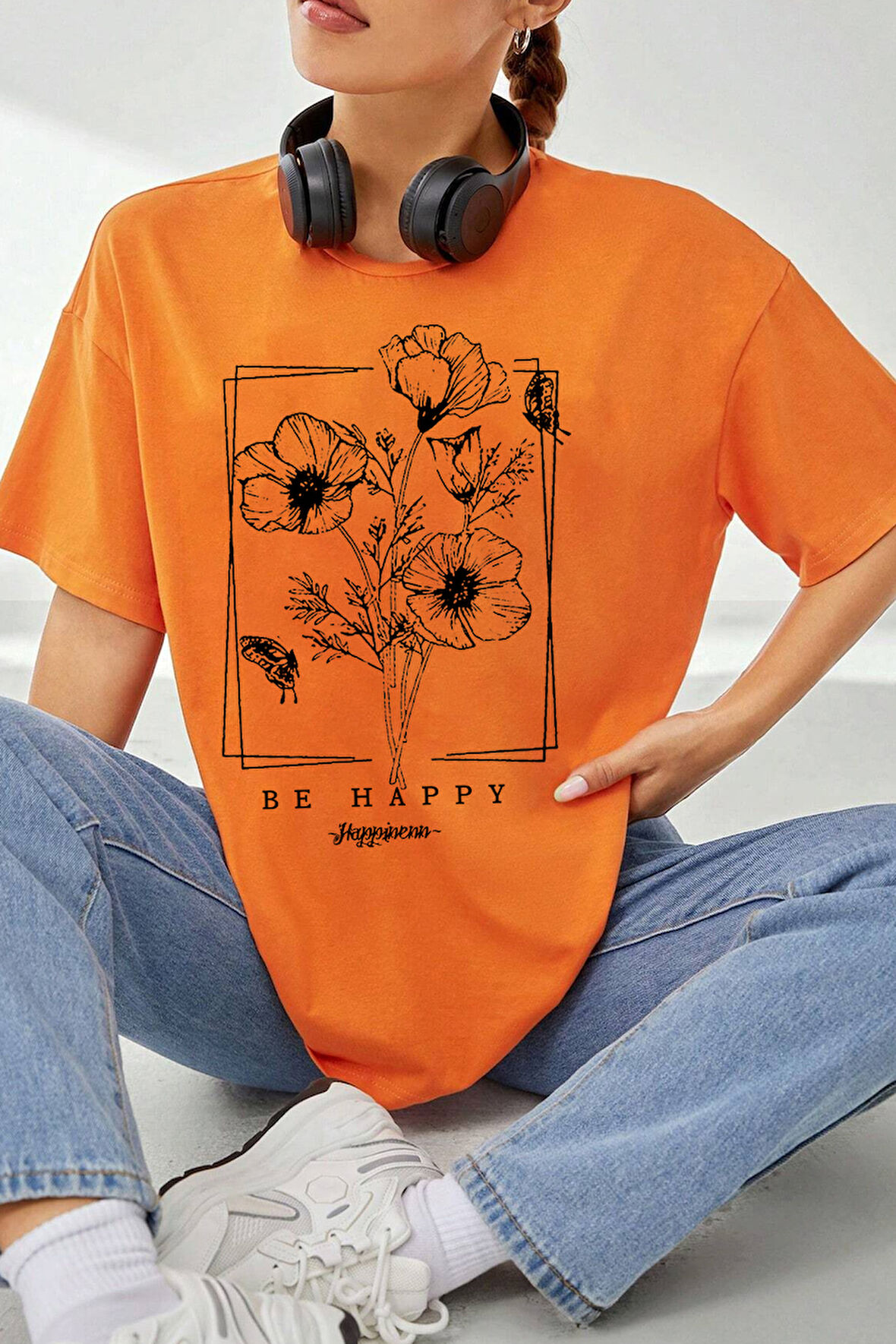 Unisex Be Happy Baskılı Oversize Tshirt