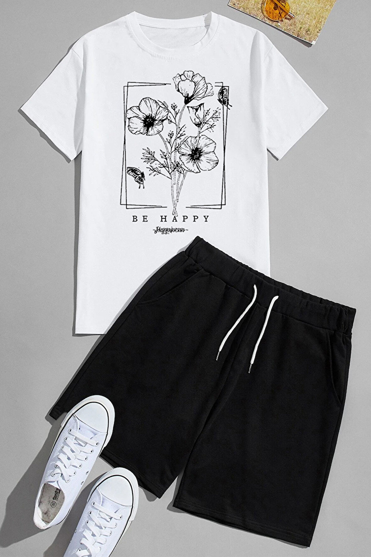 Uyguntarz Unisex Be Happy Baskılı Şort Takım