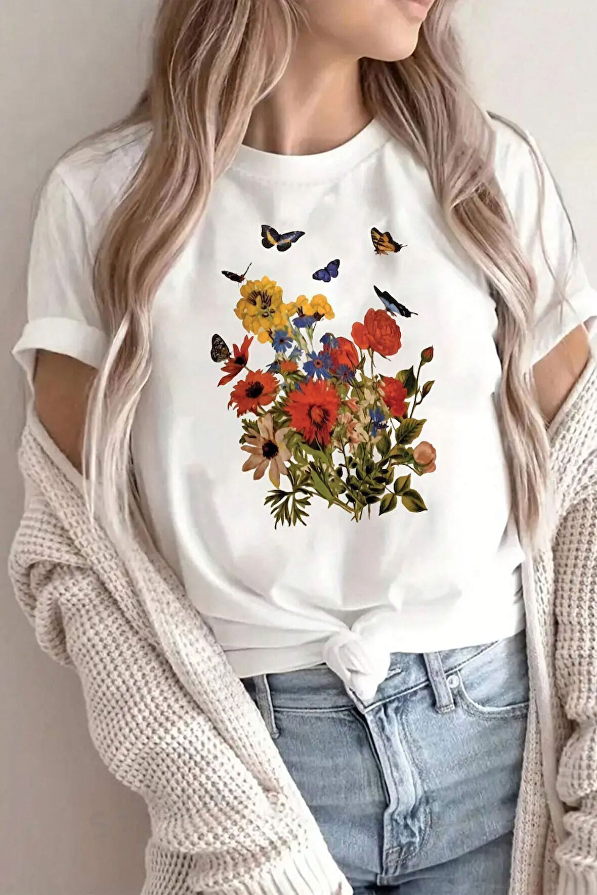 Unisex Flowers Baskılı Oversize Tshirt