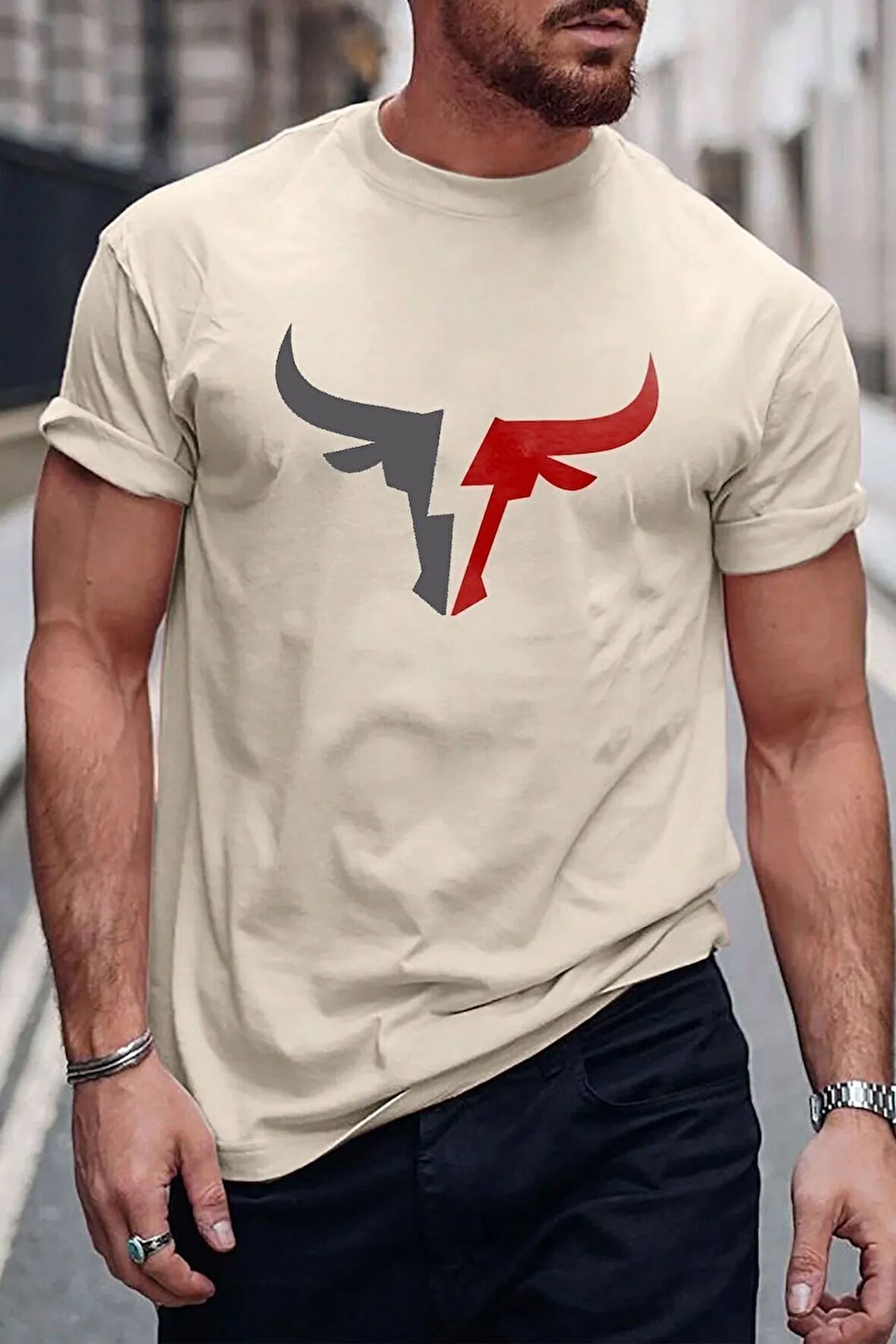 Uyguntarz Erkek Boğa Silüet Baskılı Oversize Tshirt