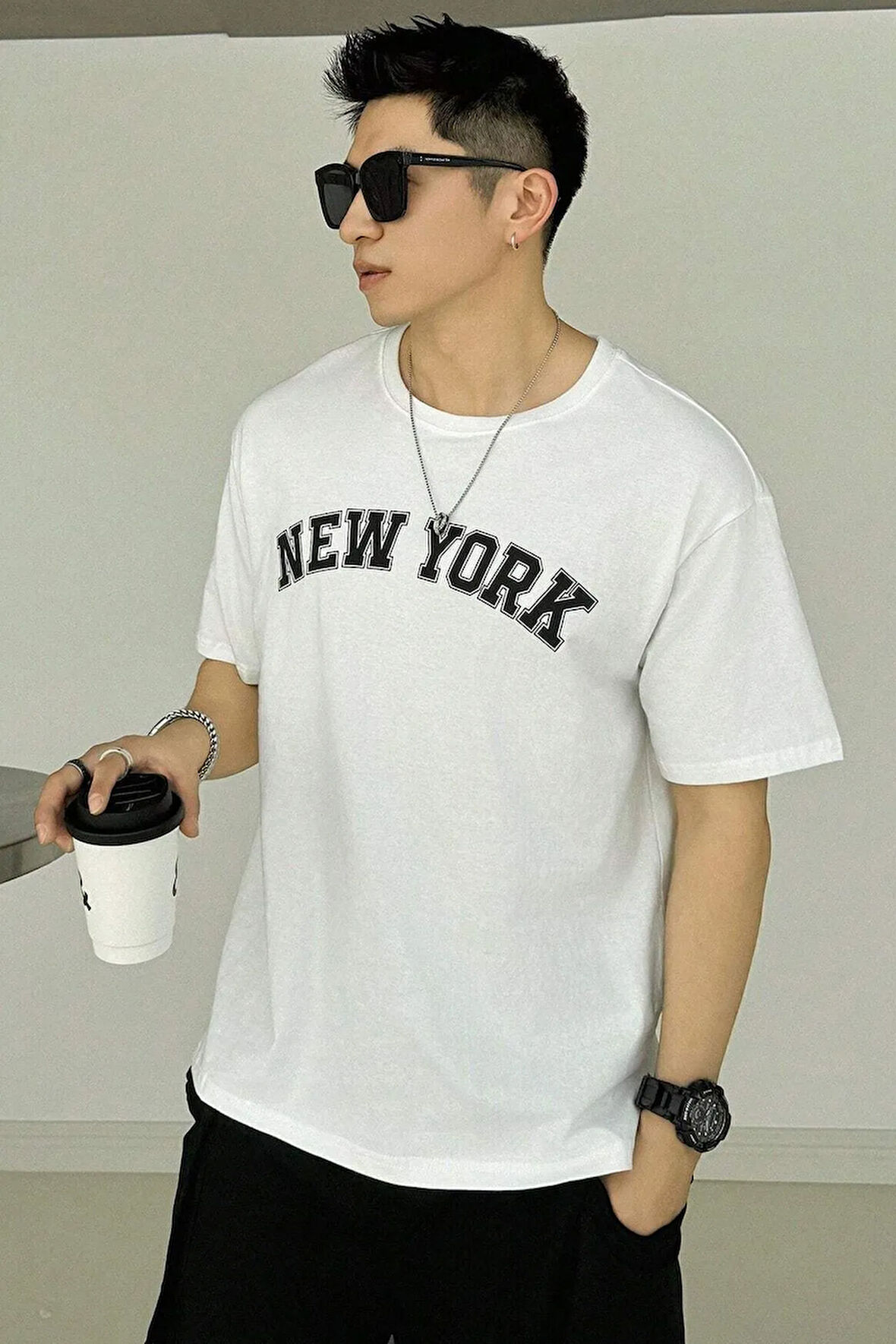 Erkek New York Baskılı Oversize Tshirt