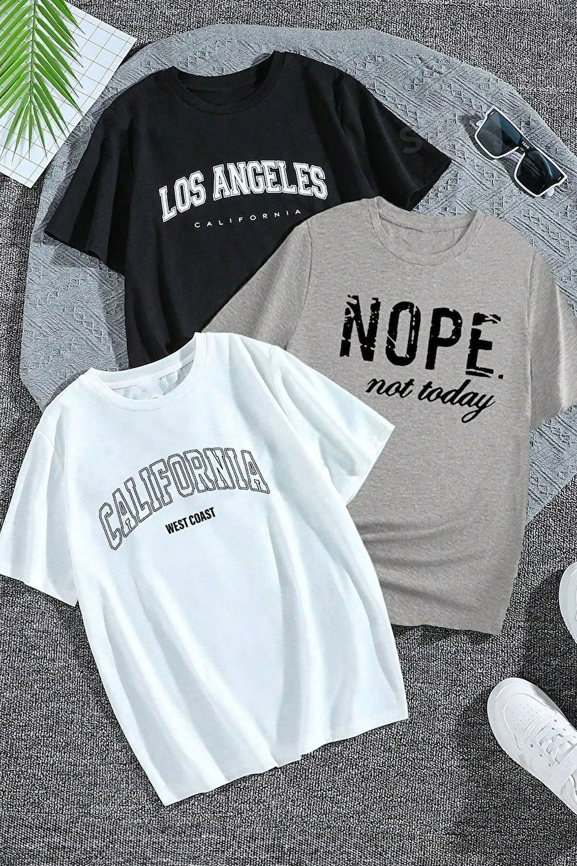 3'lü Paket Baskılı Oversize T-shirt