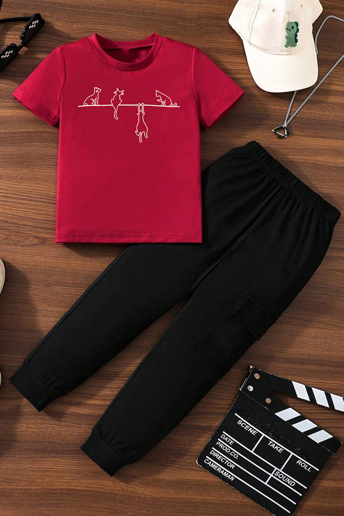 Uyguntarz Çocuk Yaramaz Kedi Baskılı Alt - Üst Eşofman Takımı