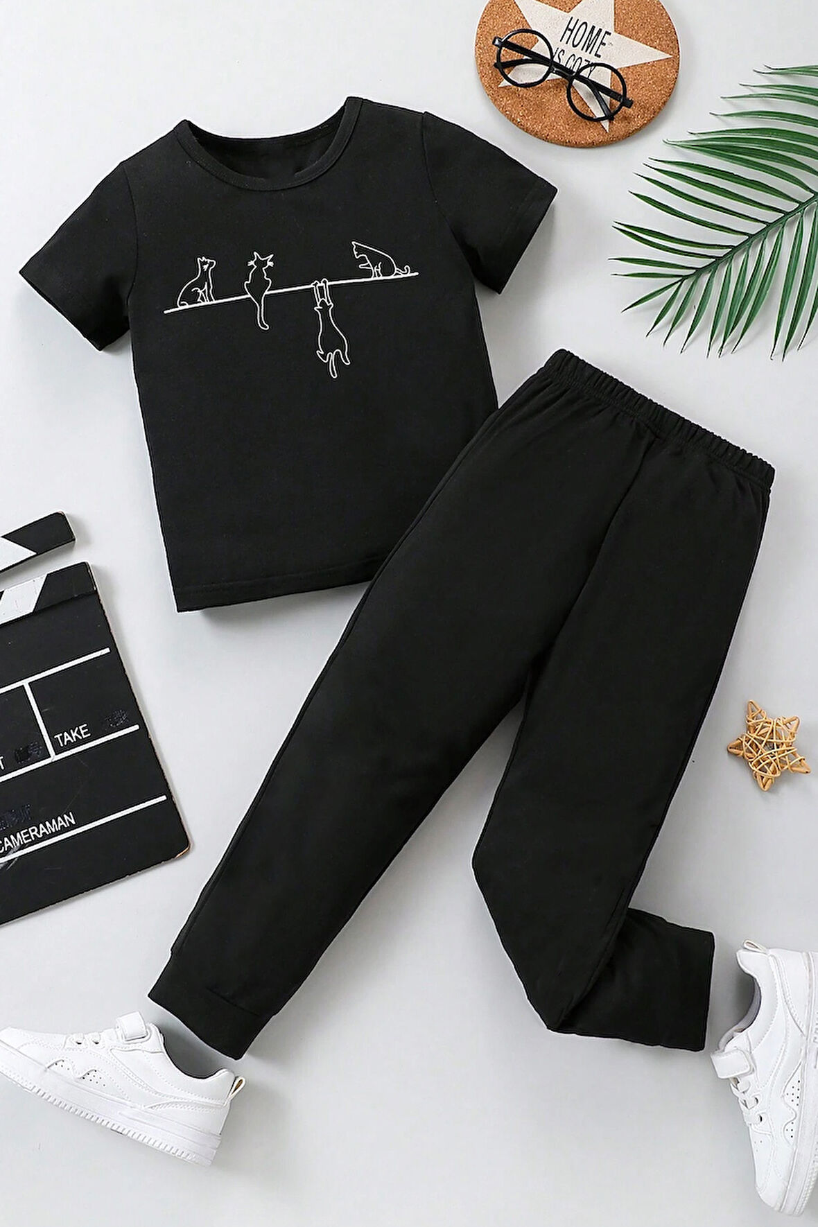 Uyguntarz Çocuk Yaramaz Kedi Baskılı Alt - Üst Eşofman Takımı