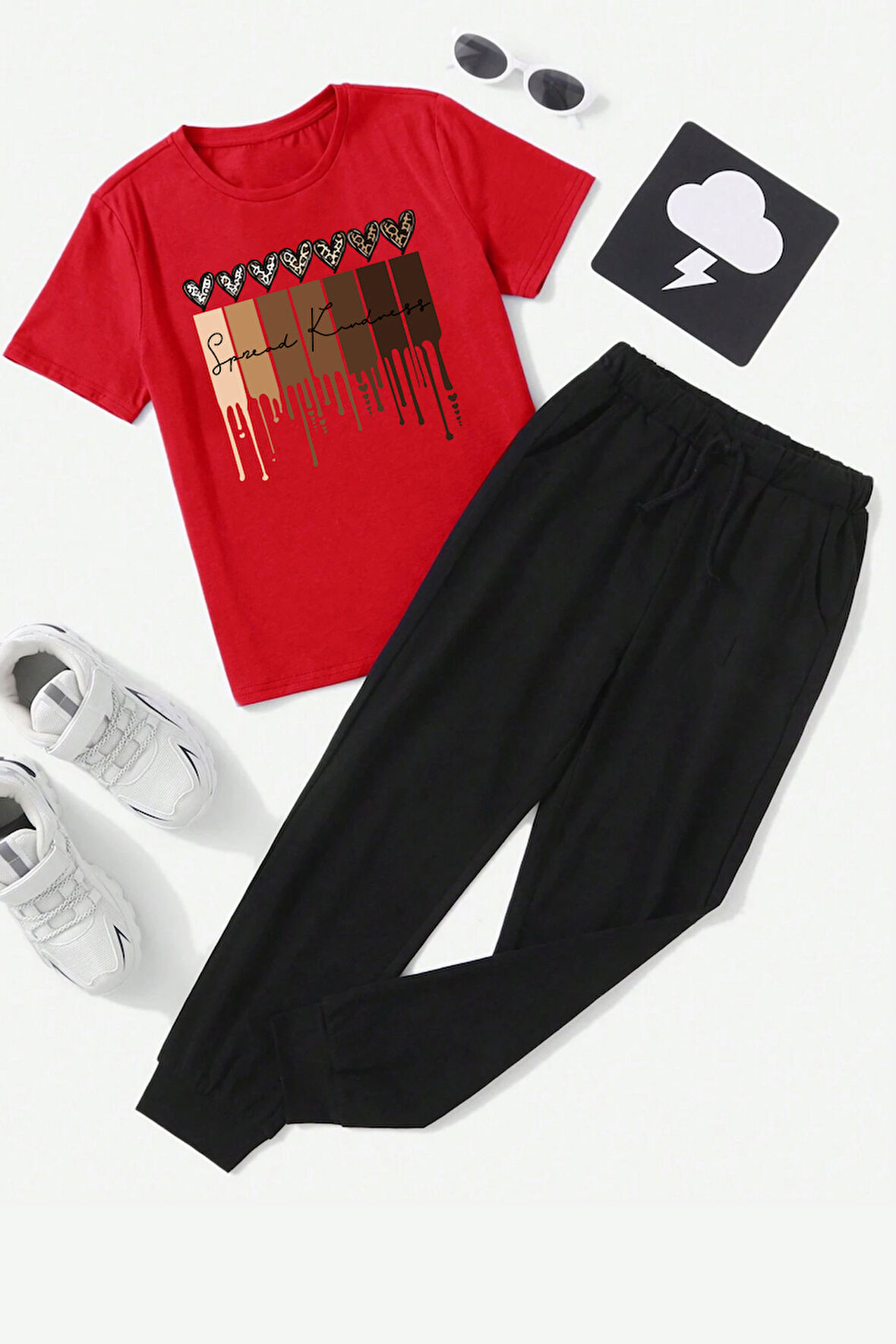 Uyguntarz Çocuk Leopar Kalp Baskılı Alt - Üst Eşofman Takımı