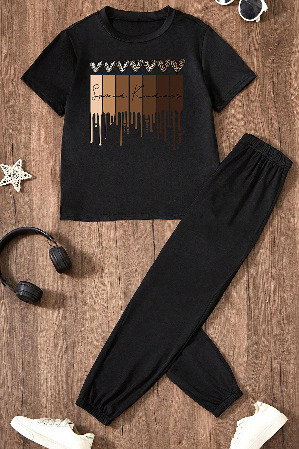 Uyguntarz Çocuk Leopar Kalp Baskılı Alt - Üst Eşofman Takımı