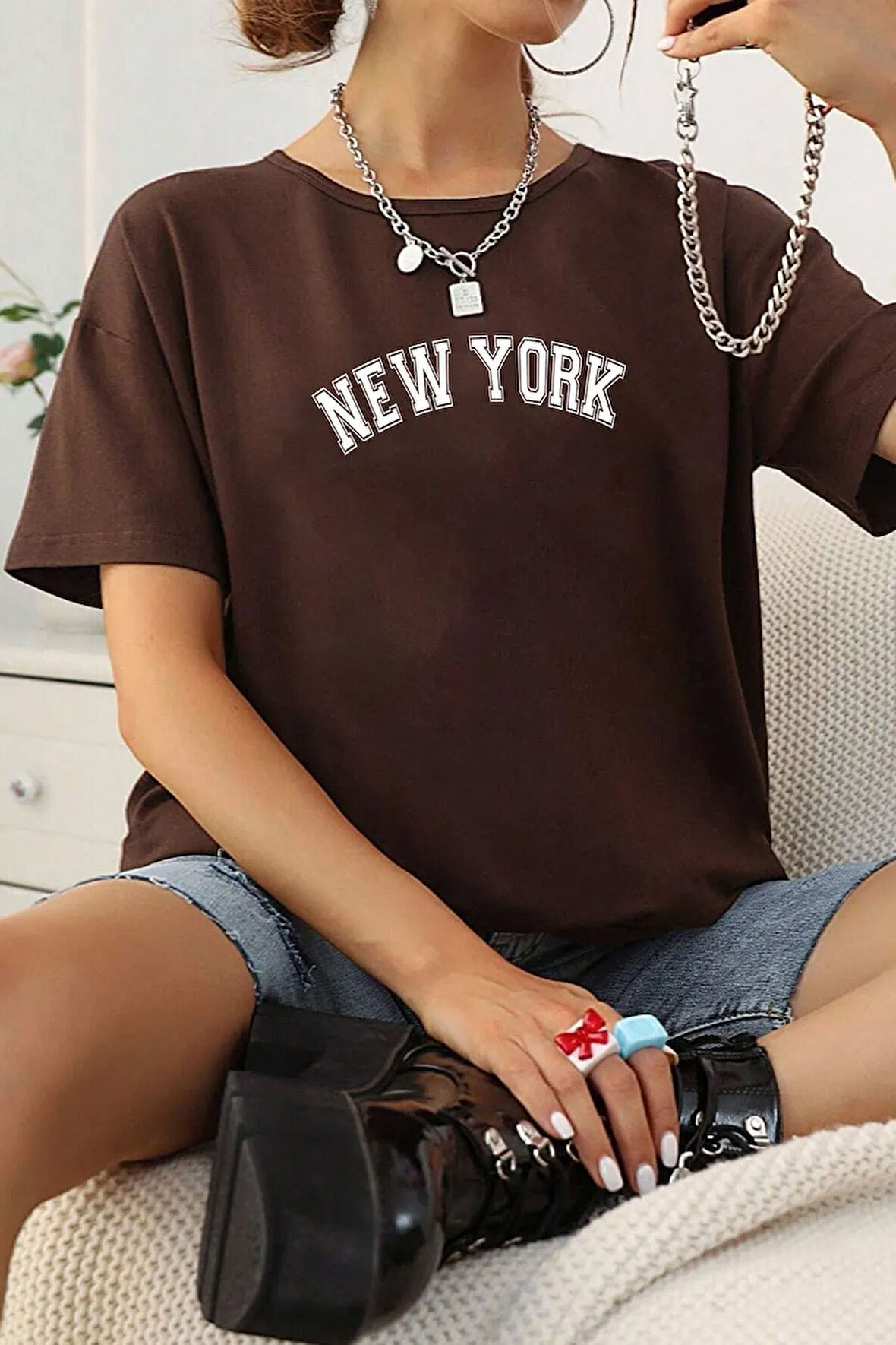 Erkek New York Baskılı Oversize Tshirt