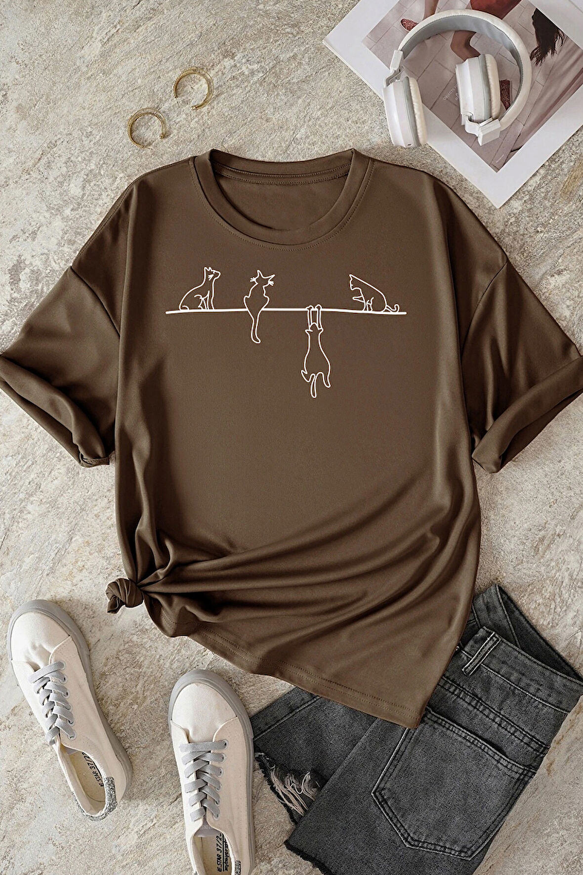 Uyguntarz Unisex Kedi Baskılı Oversize Tshirt