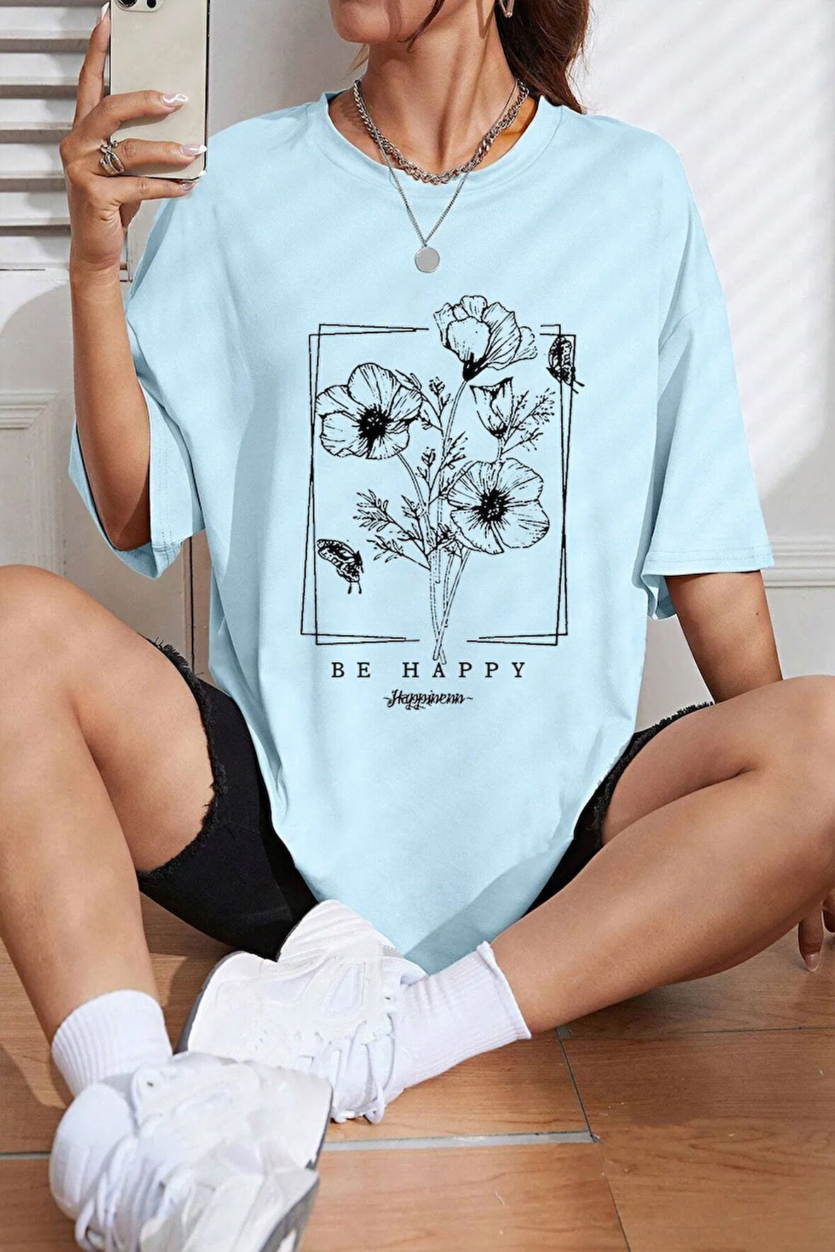 Unisex Be Happy Baskılı Oversize Tshirt