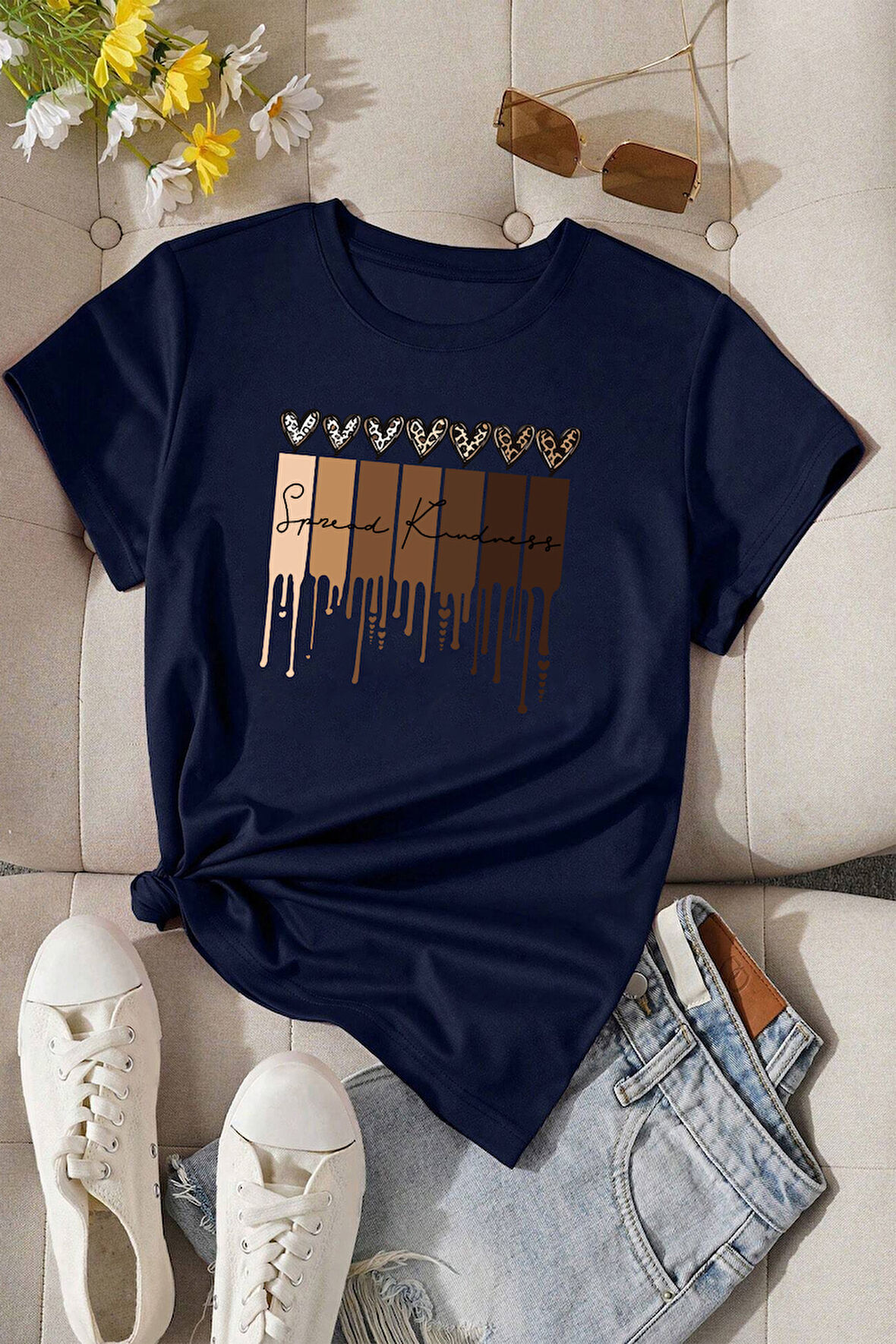 Uyguntarz Unisex Leopar Kalp Baskılı Oversize T-shirt