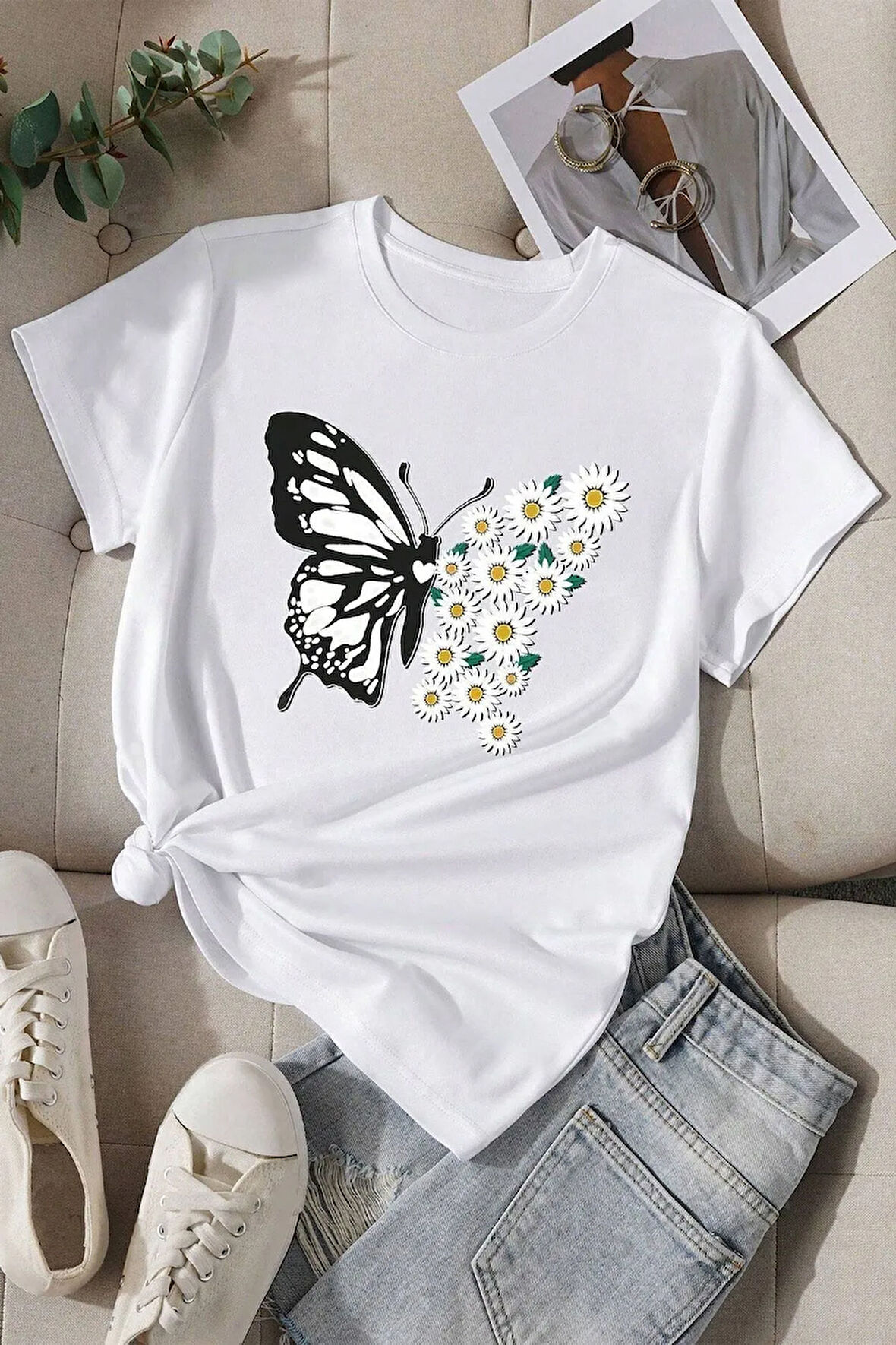 Uyguntarz Pamuklu Papatya Kelebek Tasarım Tshirt