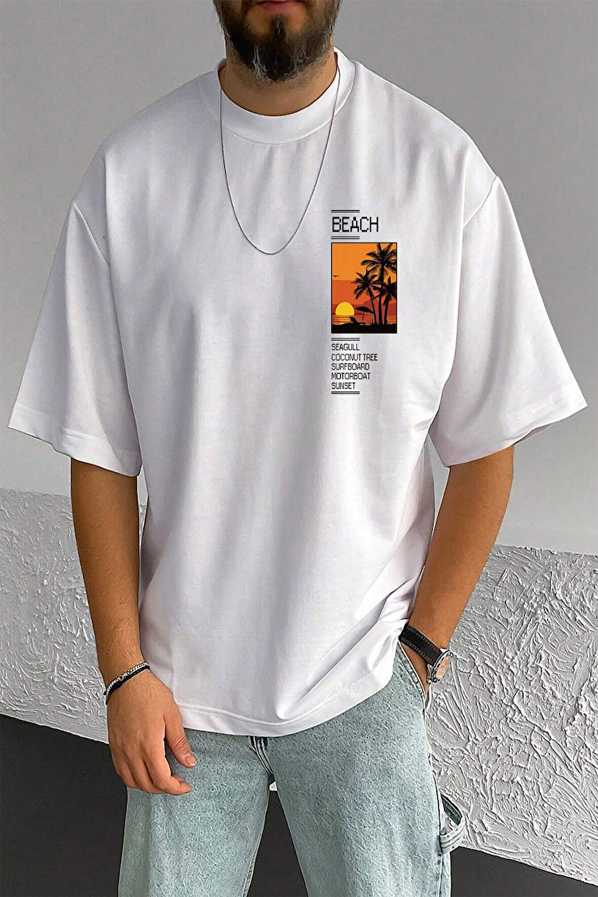 Erkek Beach Baskılı Oversize Tshirt