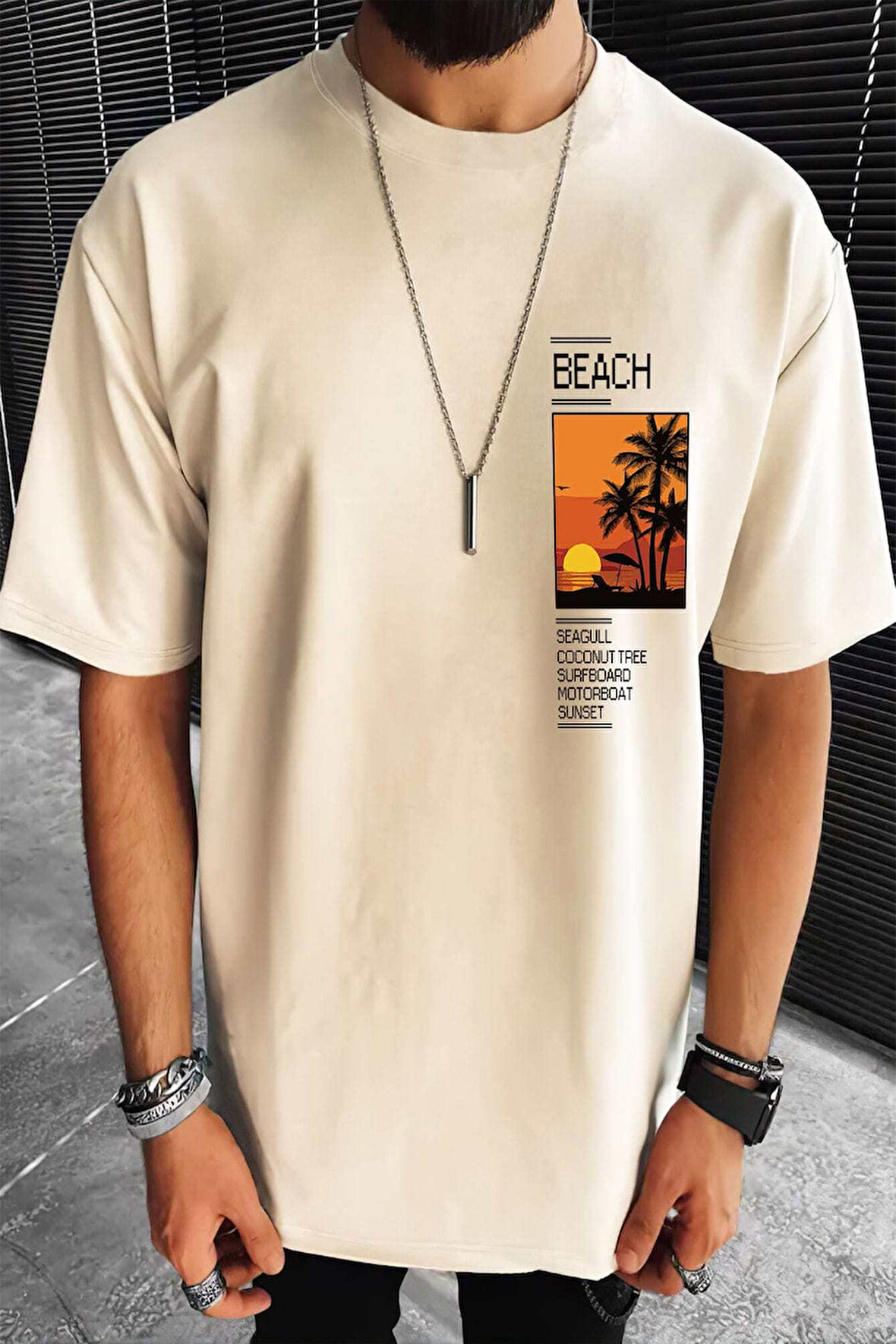 Erkek Beach Baskılı Oversize Tshirt