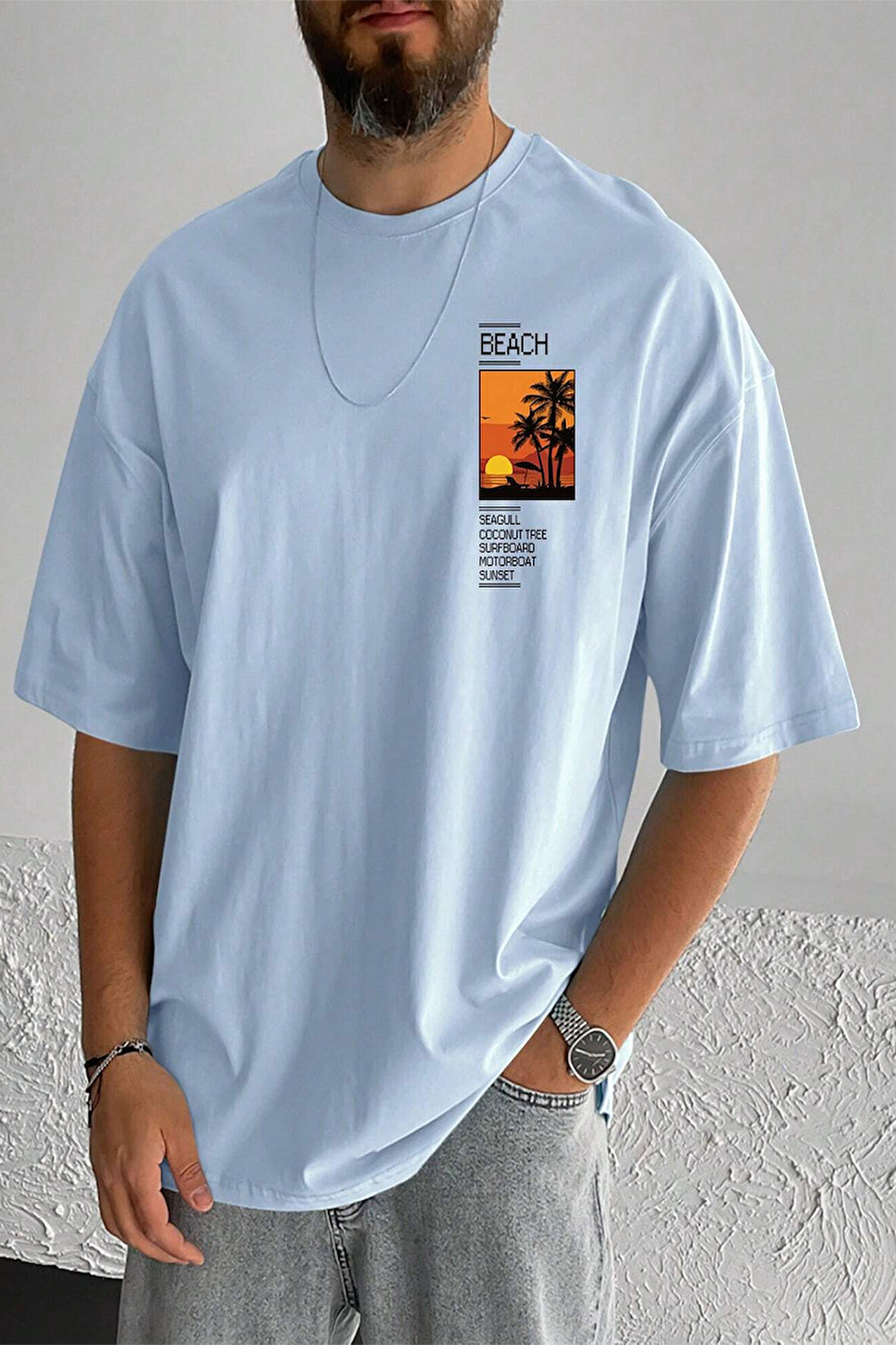 Erkek Beach Baskılı Oversize Tshirt