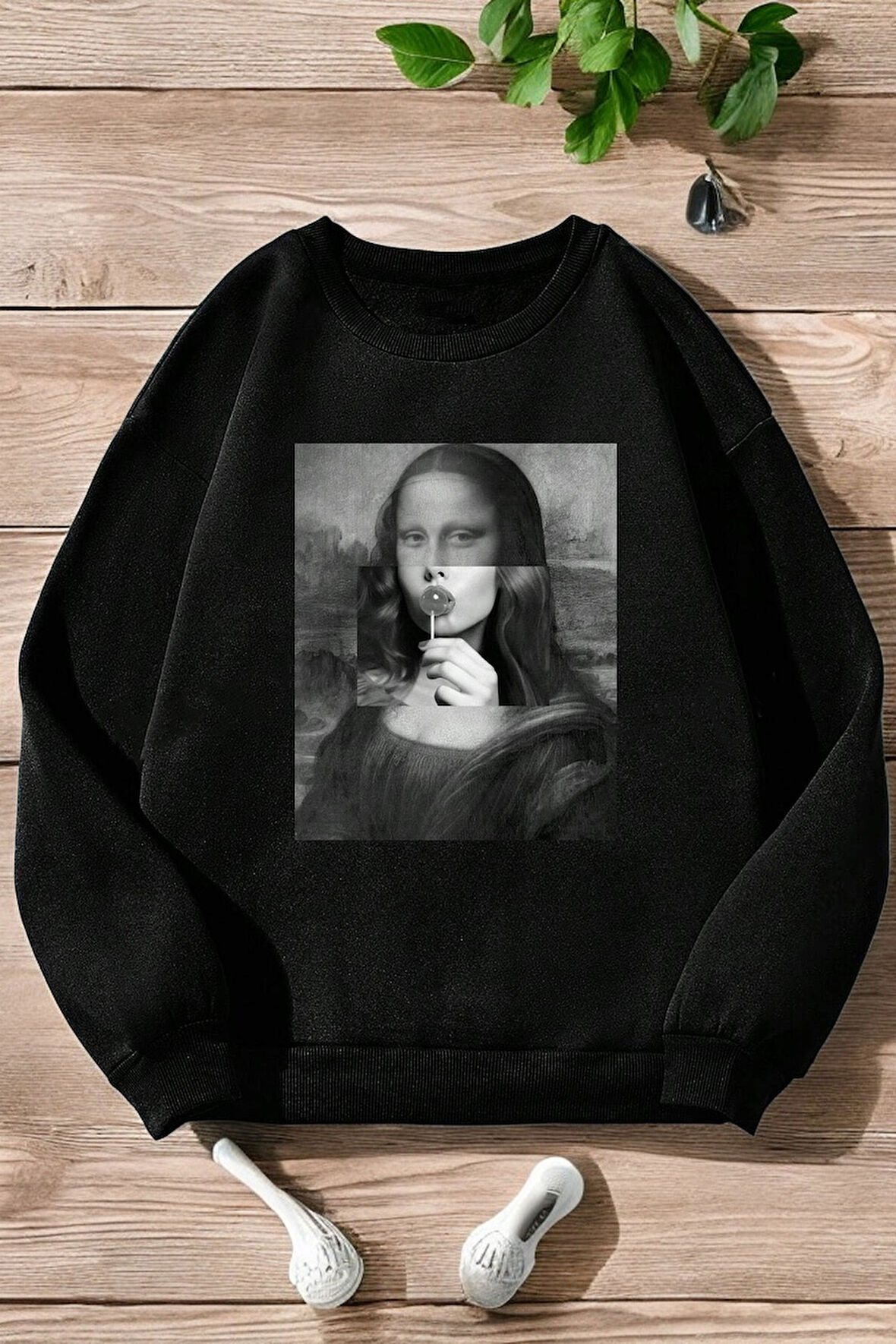 Uyguntarz Unisex Mona Lisa Baskılı Bisiklet Yaka Sweatshirt