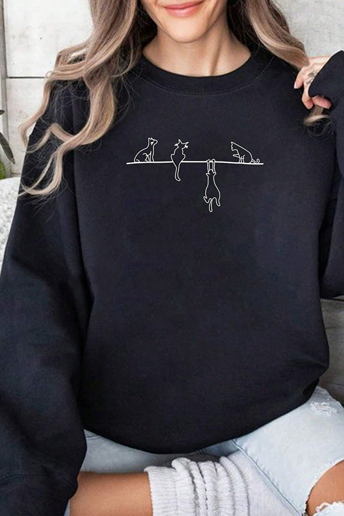 Uyguntarz Yaramaz Kedi Baskılı Oversize Sweatshirt