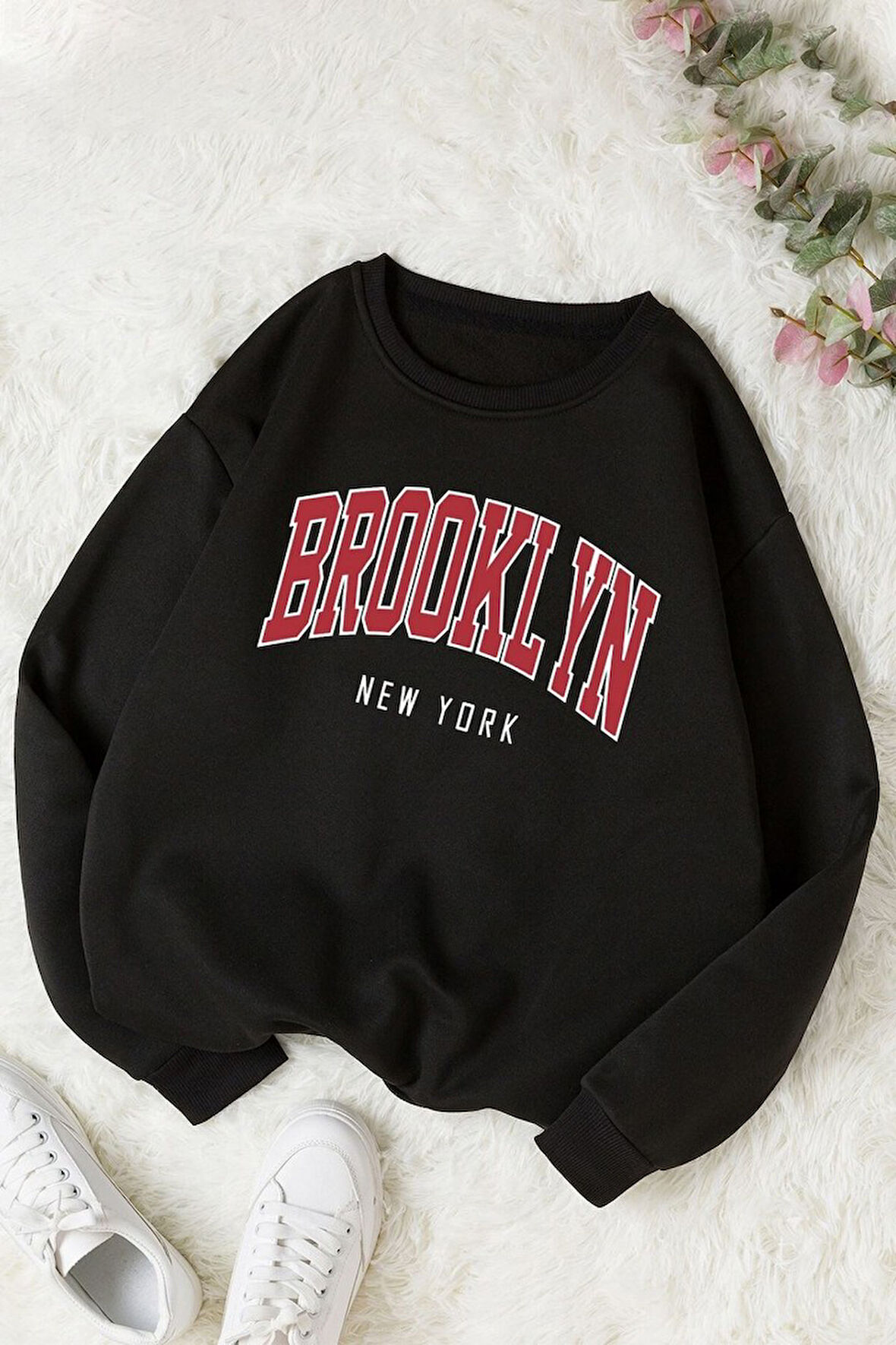 Unisex Brooklyn Baskılı Bisiklet Yaka Sweatshirt