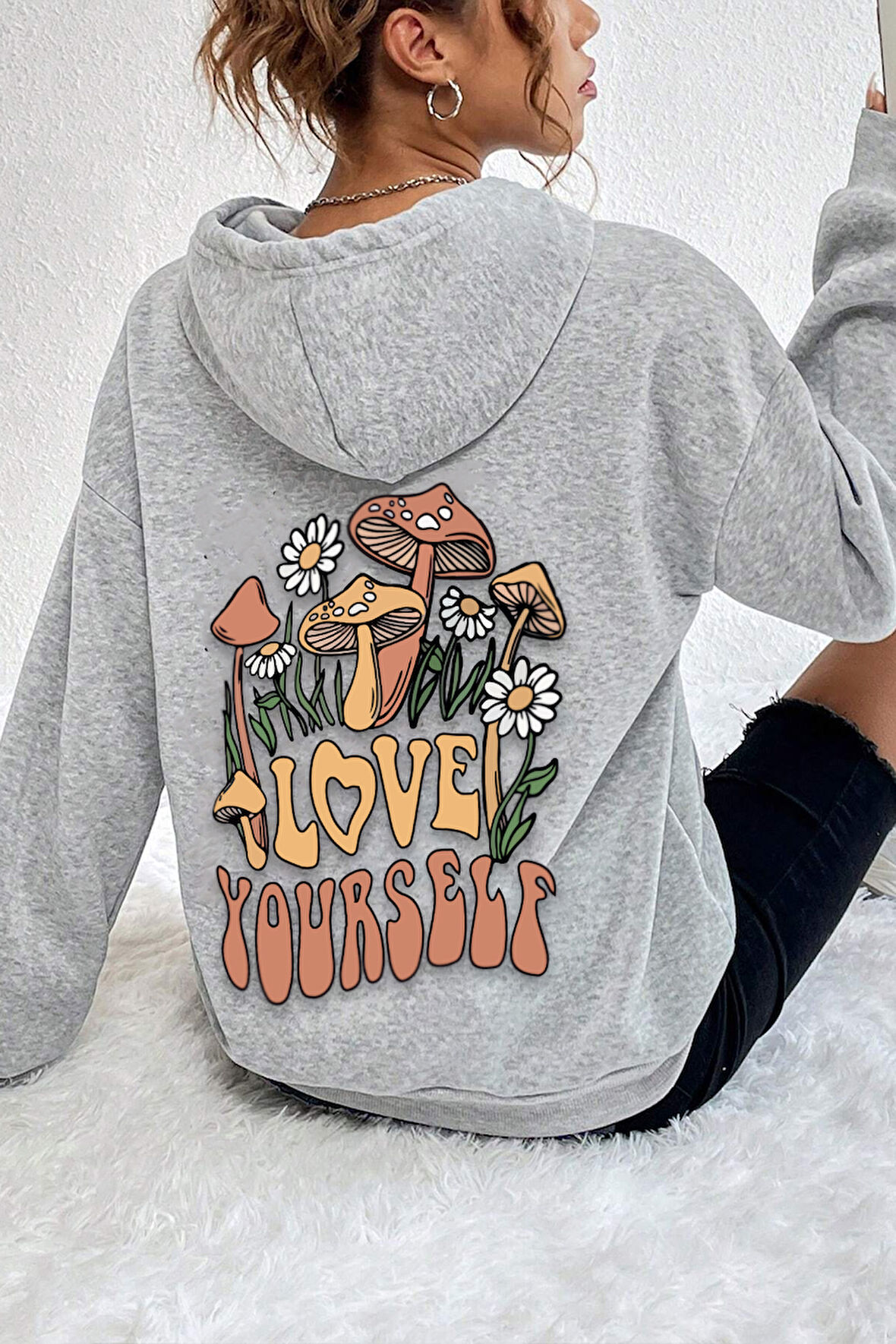 Unisex Oversize Love Yourself Baskılı Sweatshirt