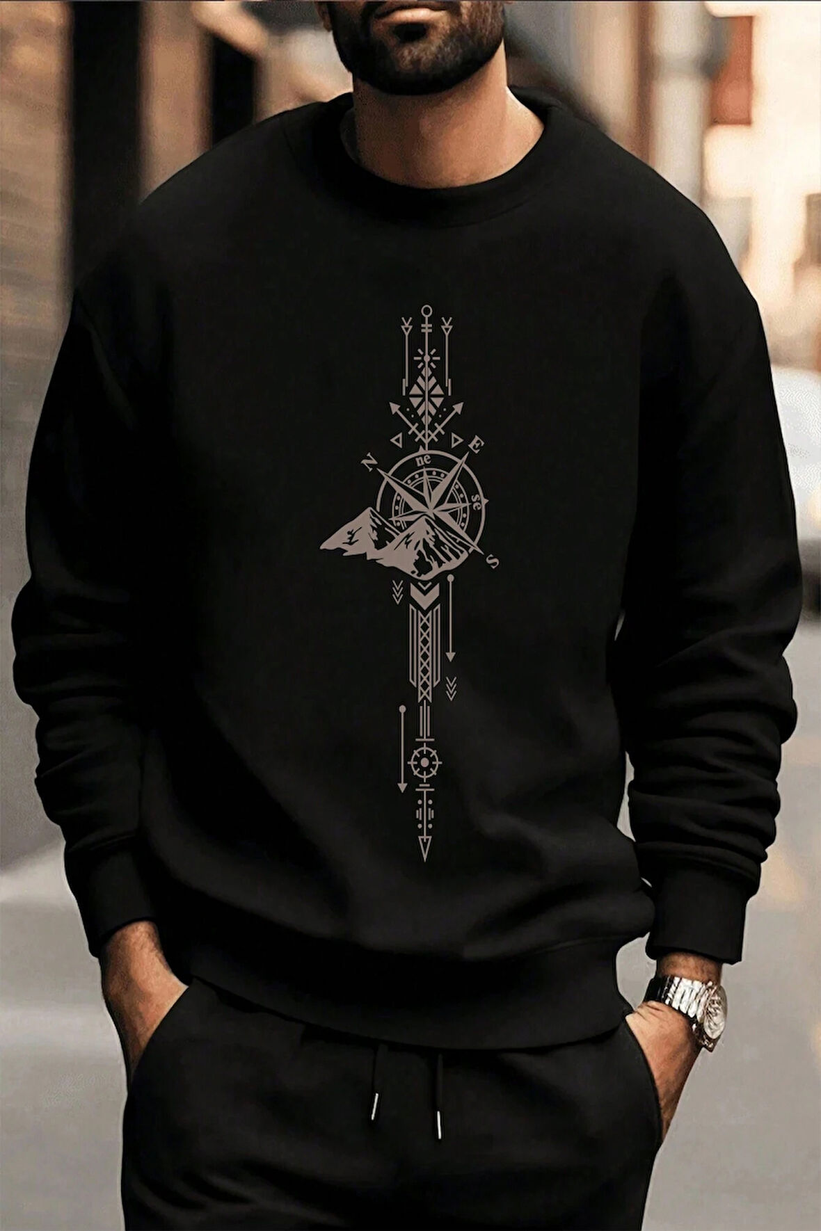 Uyguntarz Pusula Zaman Çizelge Baskılı Oversize Sweatshirt