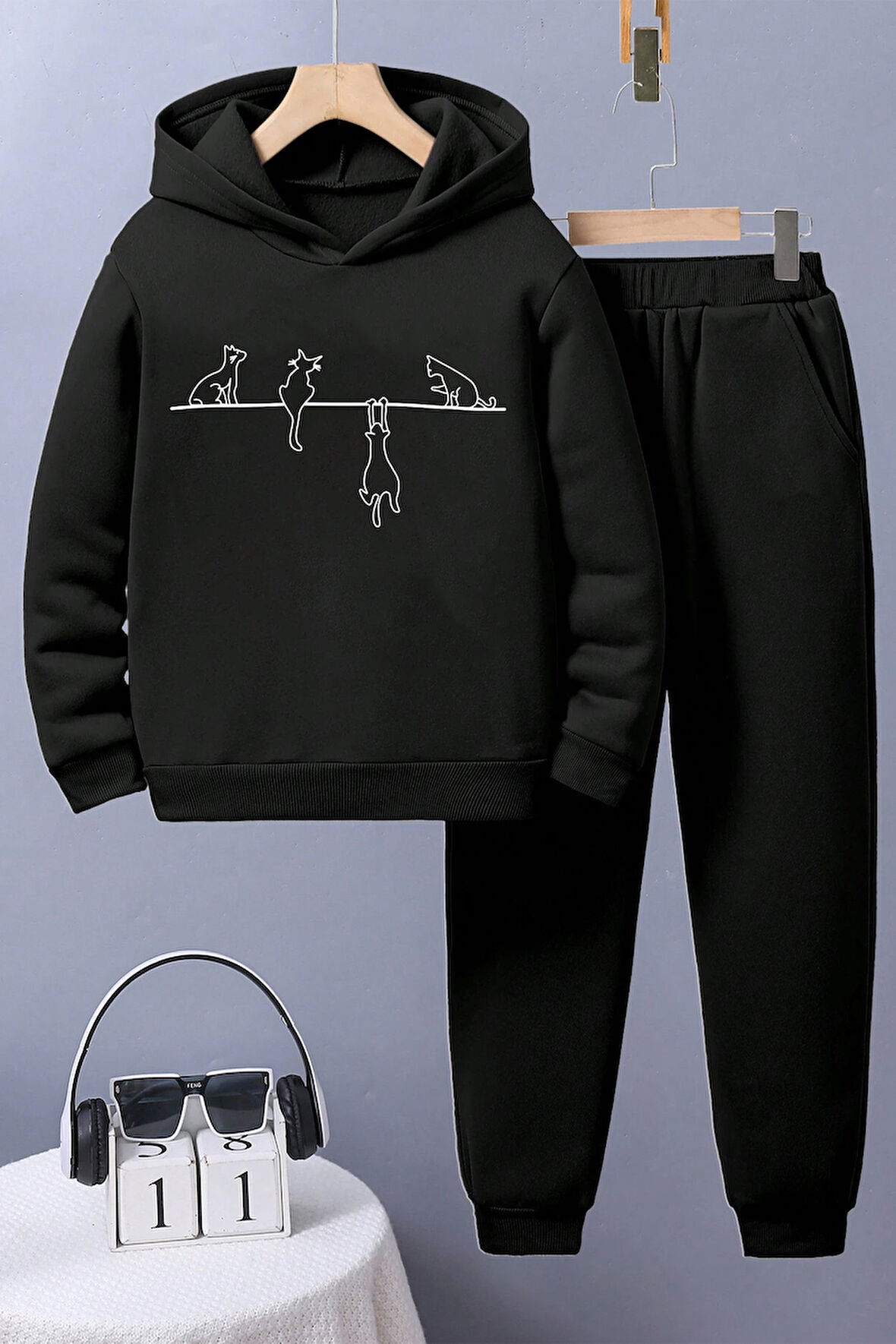 Uyguntarz Kedi Baskılı Erkek Çocuk  - Kız Rahat Eşofman Takımı