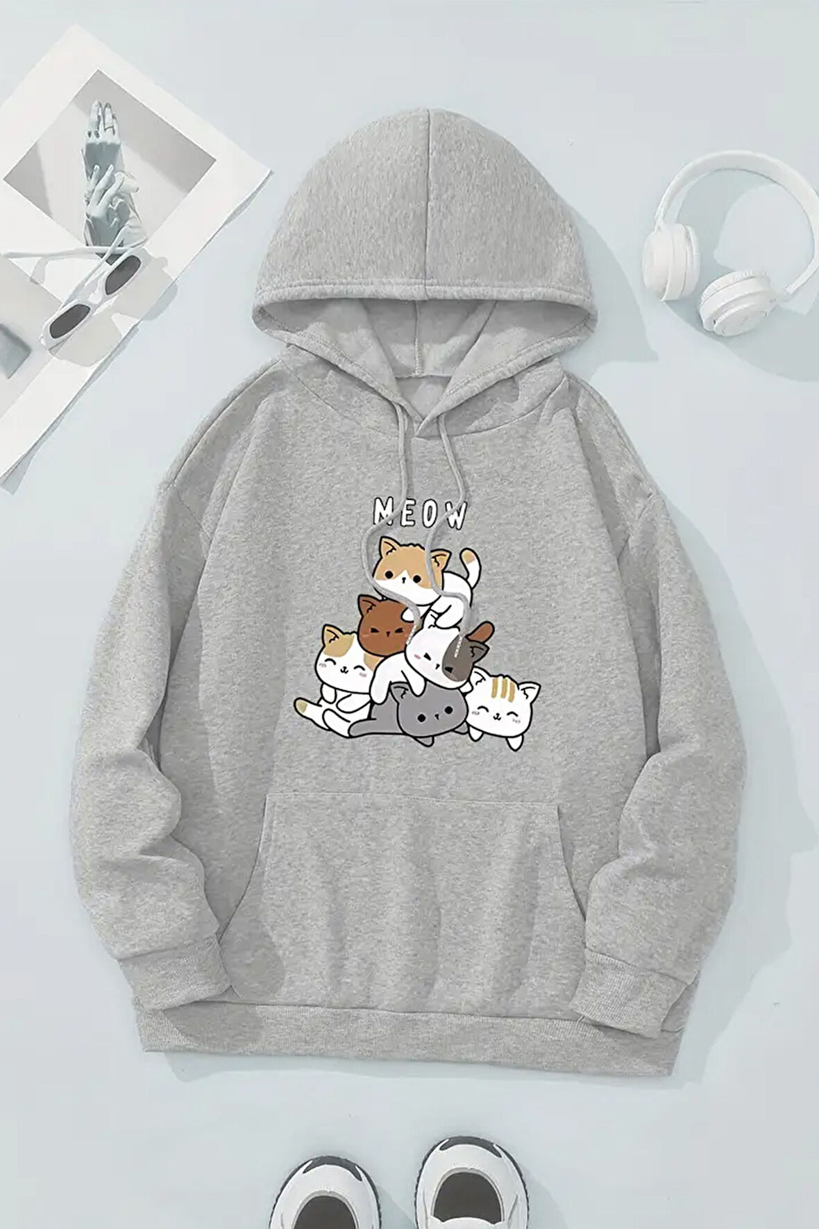Uyguntarz Meow Tatlı Kediler Baskılı Oversize Sweatshirt