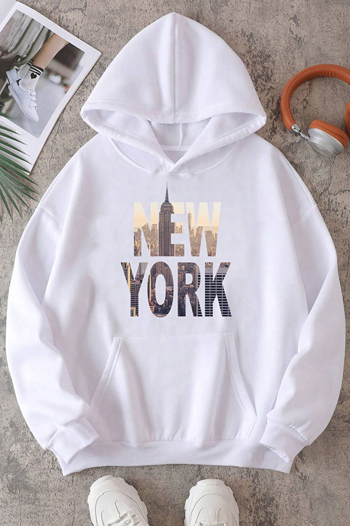 New York Baskılı Oversize Sweatshirt