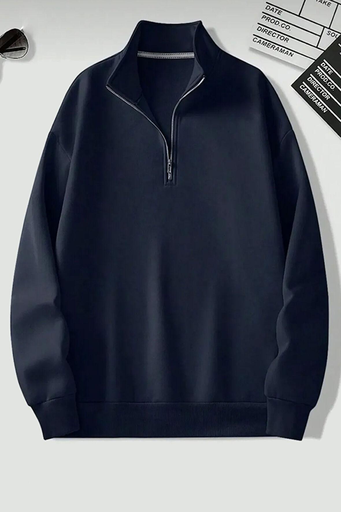 Uyguntarz Dik Yaka Yarım Fermuarlı Düz Kazak Sweatshirt