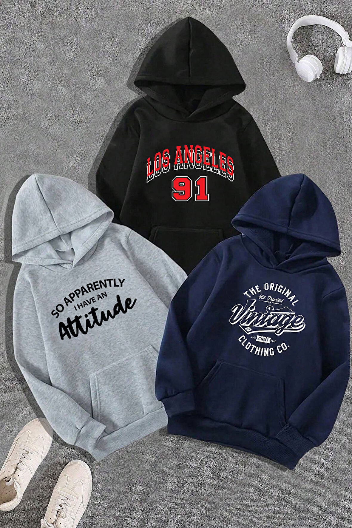 3'lu Paket Baskılı Oversize Unisex Sweatshirt