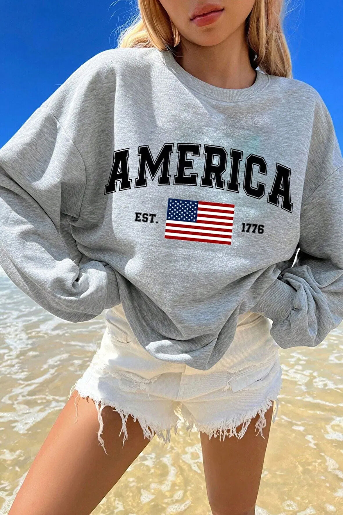 Uyguntarz America Baskılı  Pamuklu Oversize Sweatshirt