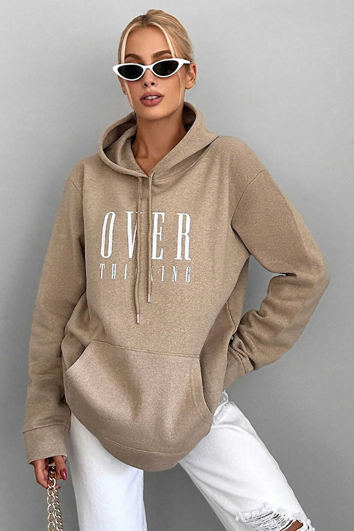 Kapüşonlu Baskılı  Pamuklu Oversize Sweatshirt