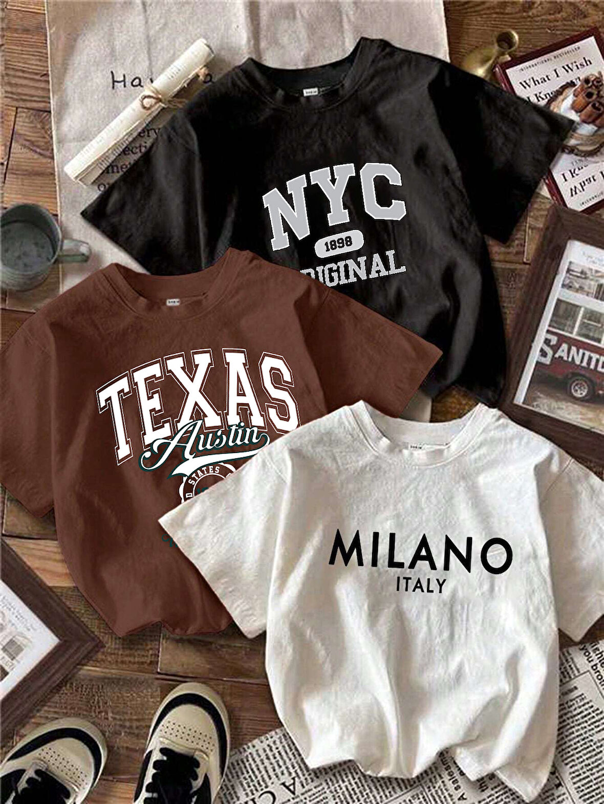 Milano-Texas-Orjınal Baskılı Unisex Oversize 3'lü T-shirt Paketi