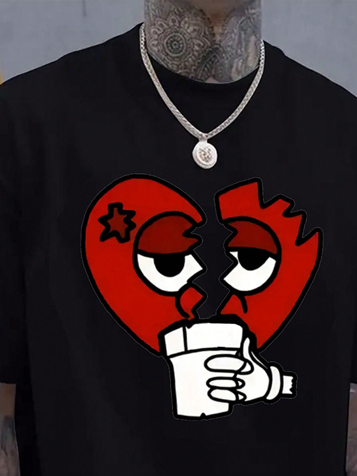 Unisex Kırık Kalp bardak Baskılı Oversize Tshirt