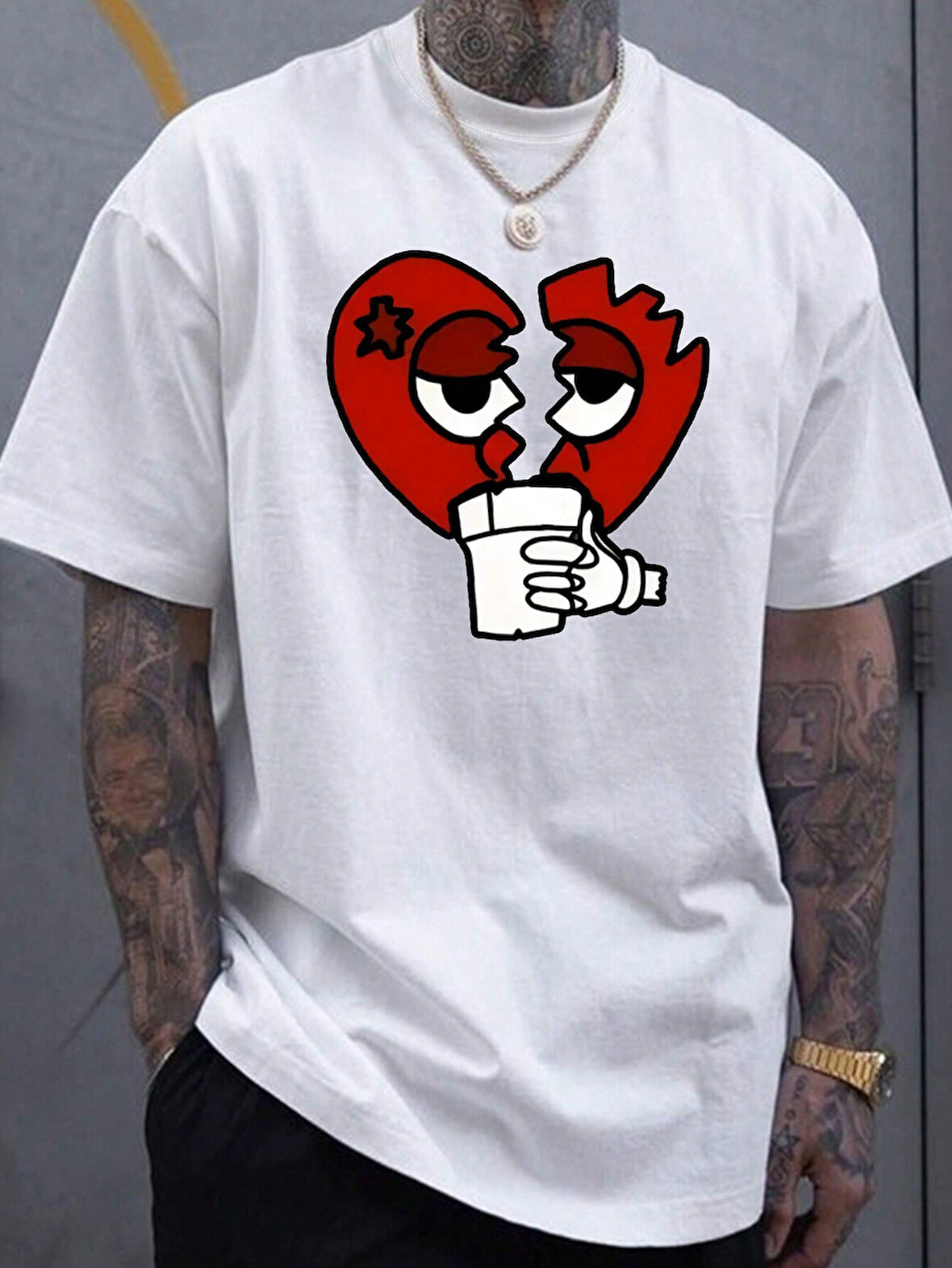 Unisex Kırık Kalp bardak Baskılı Oversize Tshirt