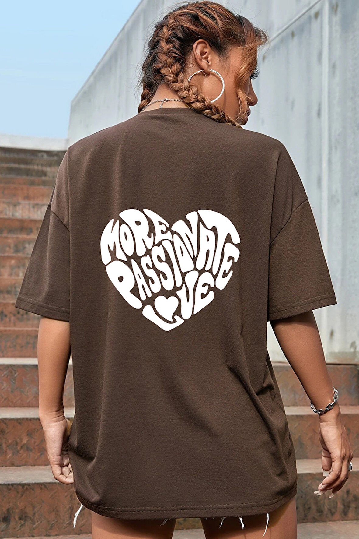 Unisex Yazı Kalp Baskılı Oversize Tshirt