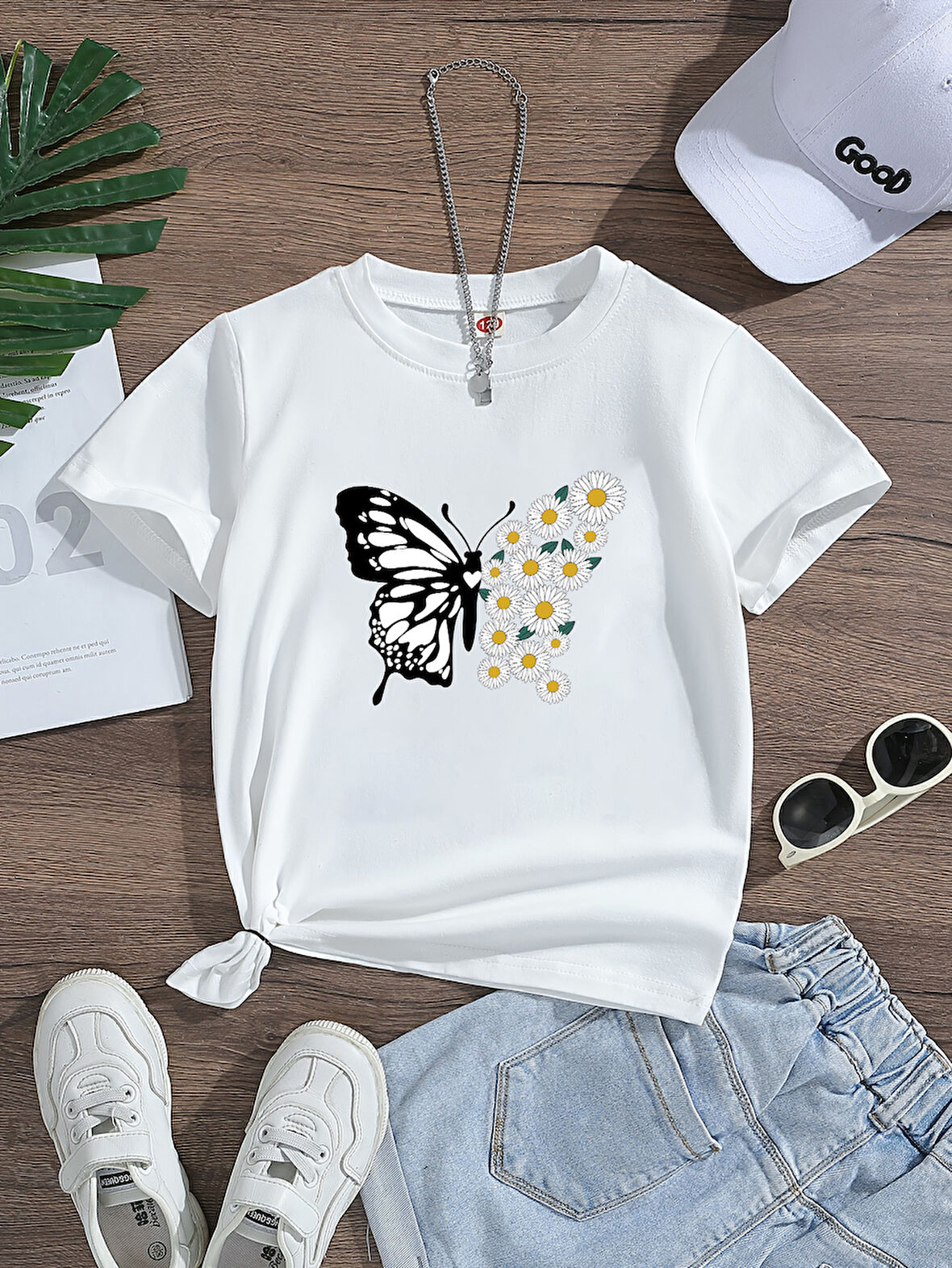 Çocuk Papatya Kelebek baskılı Pamuklu Tshirt