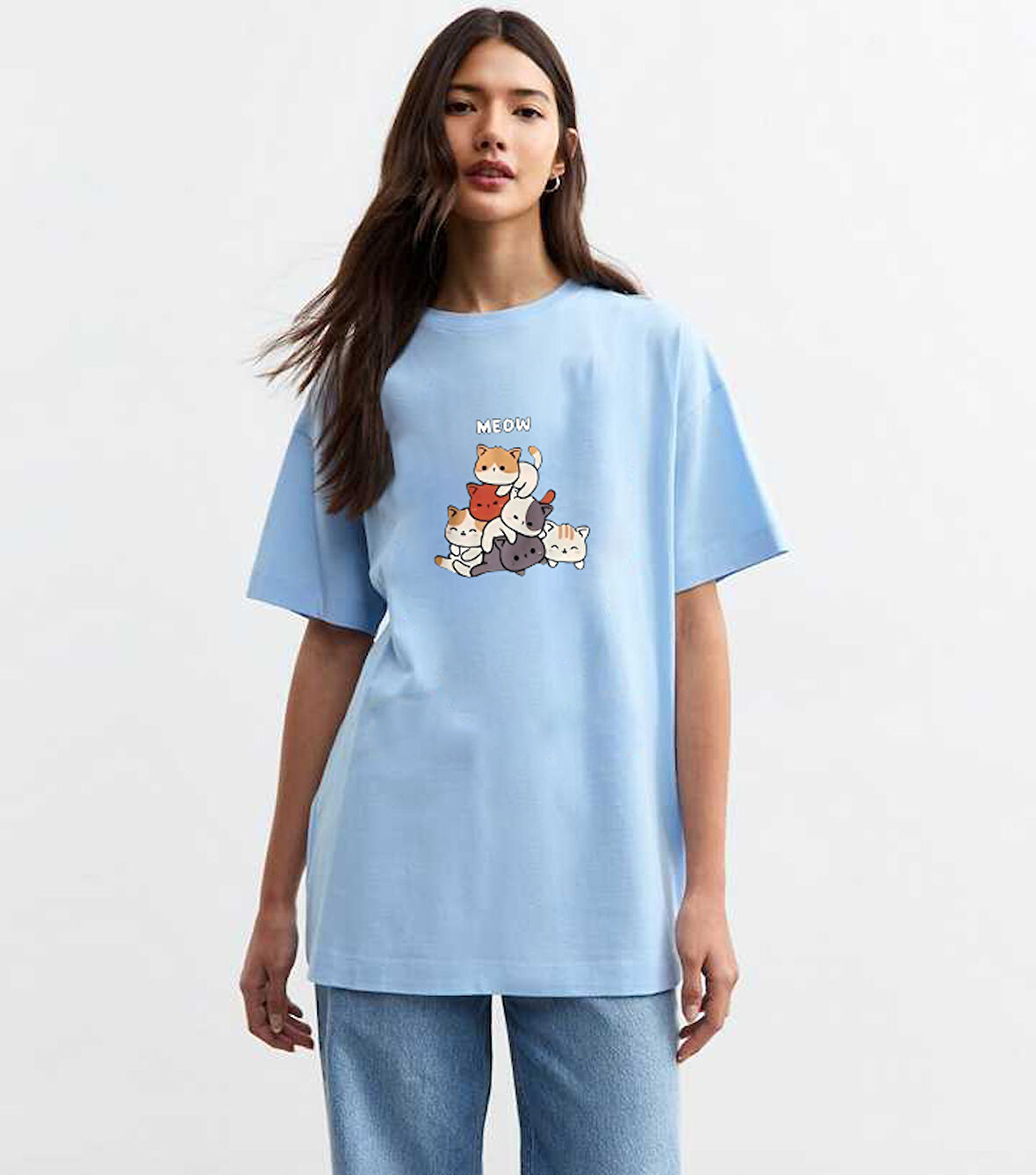 Unisex Meow Baskılı Tasarım Tshirt