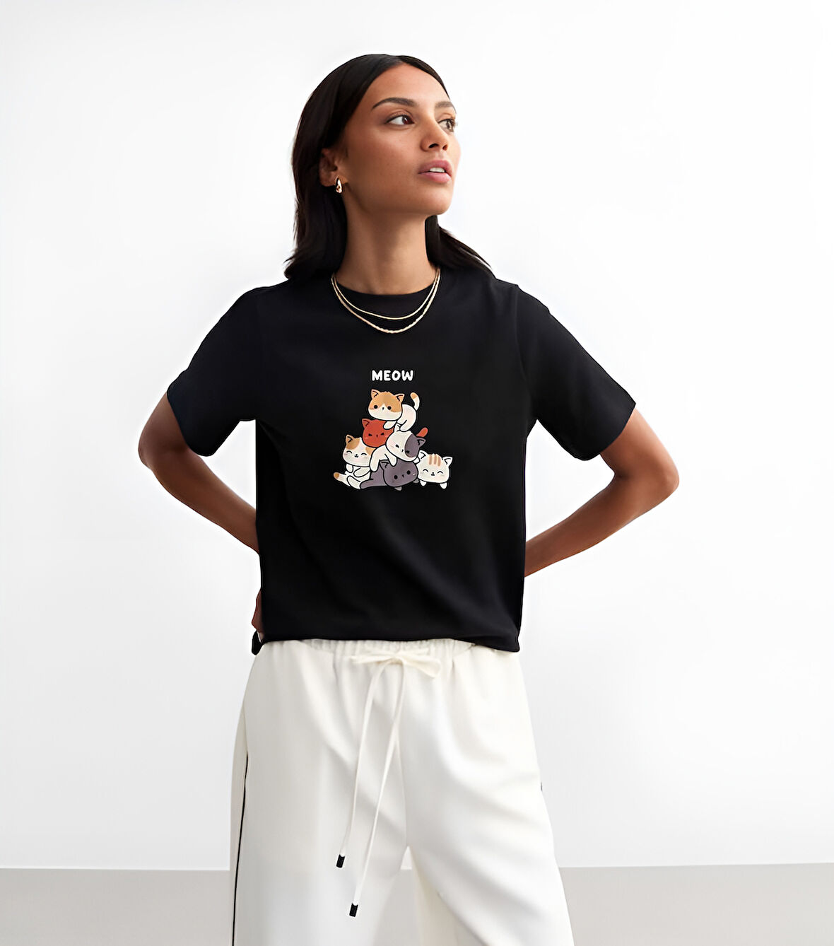 Unisex Meow Baskılı Tasarım Tshirt