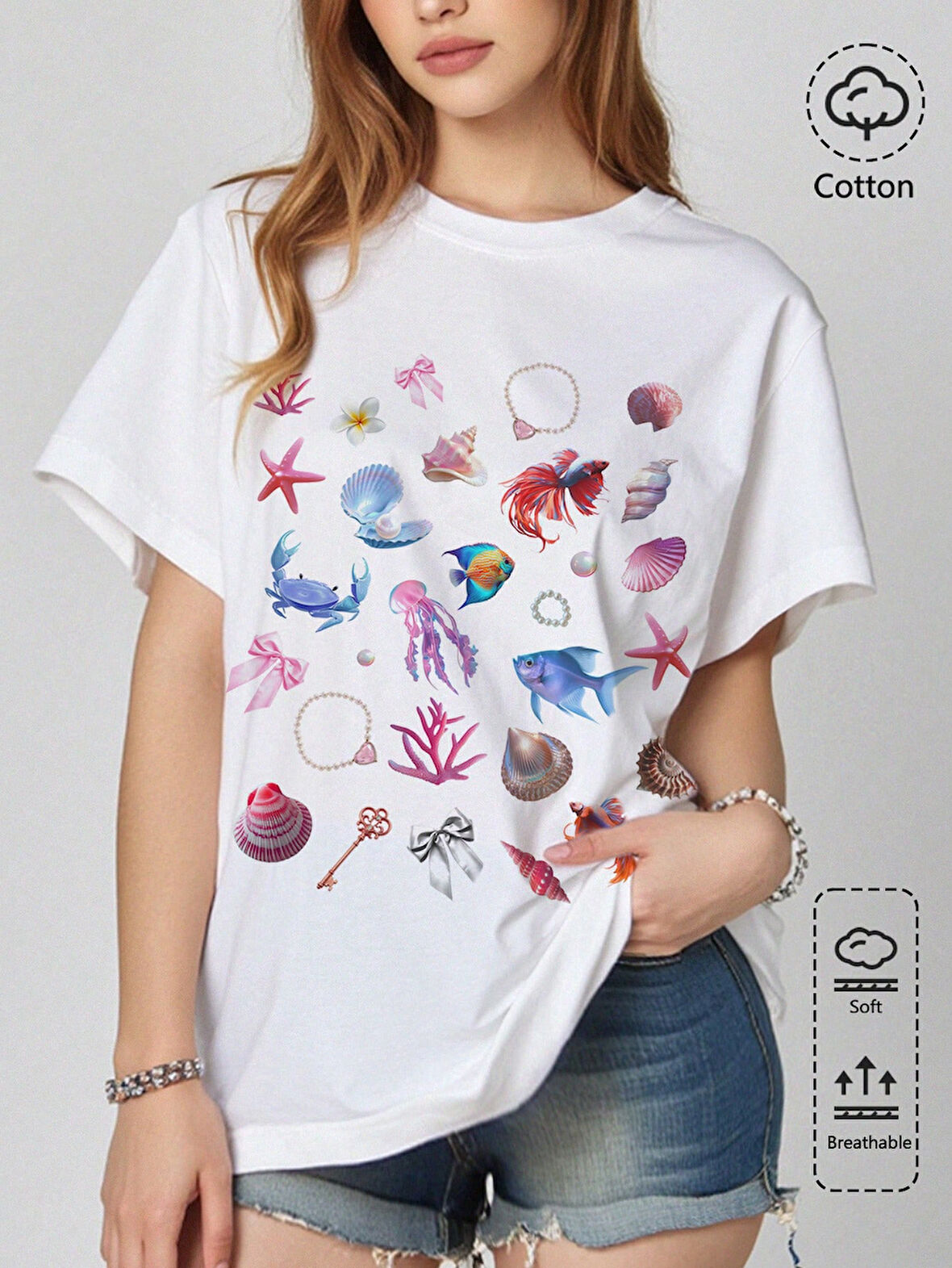 Unisex Deniz Kabukları Baskılı Tasarım Tshirt