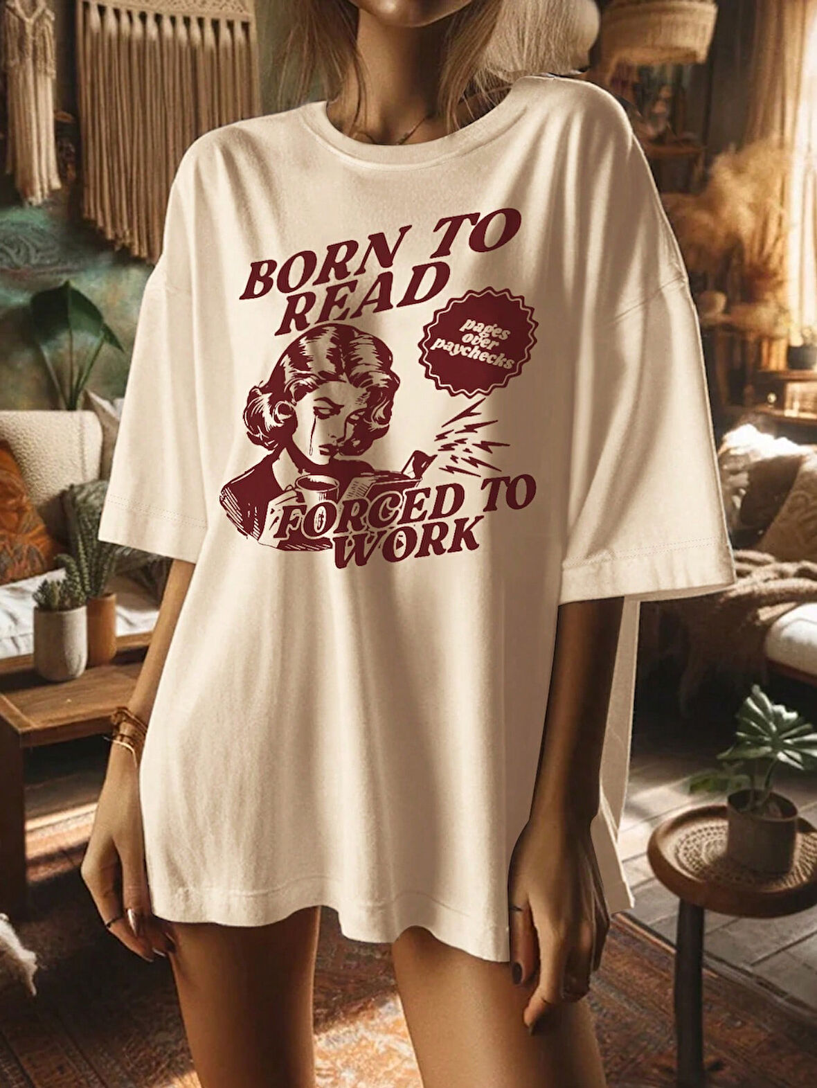 Beyaz Born to Reat Baskılı Oversize T-Shirt