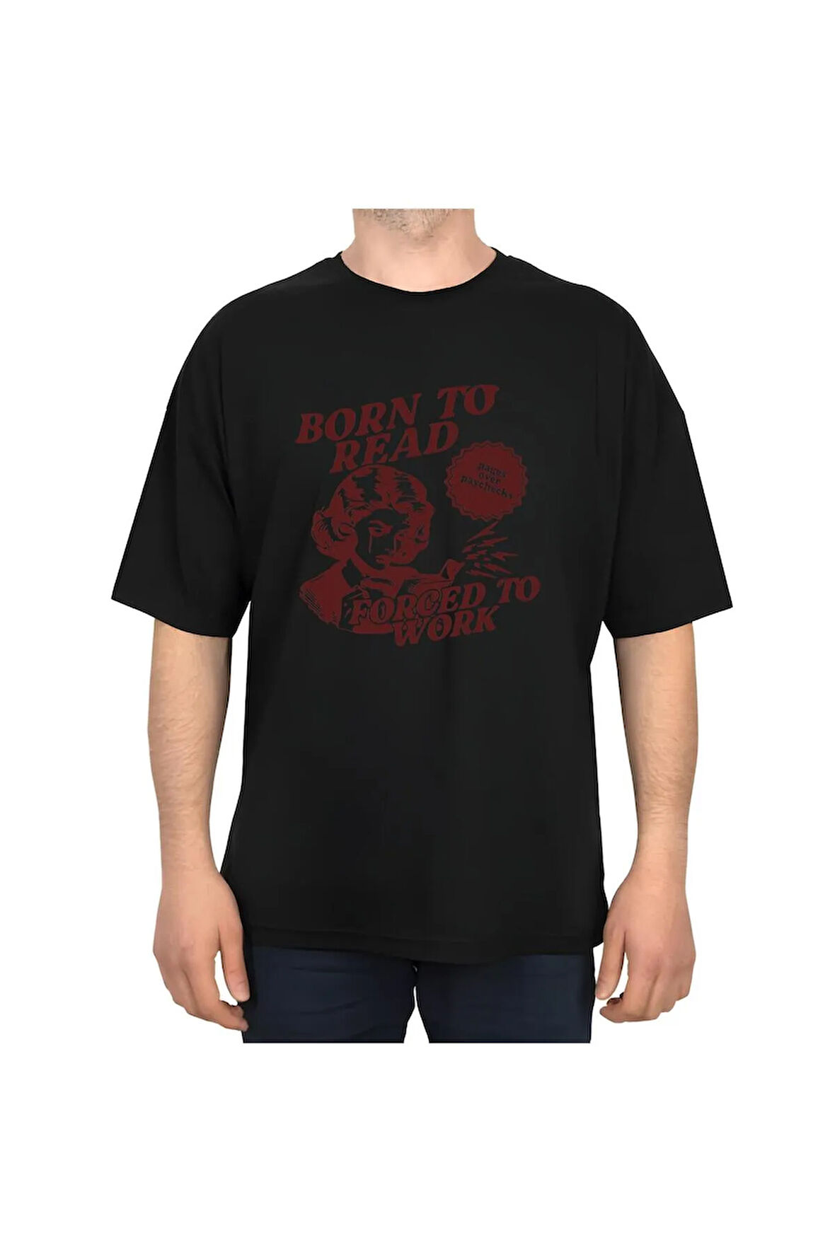 Beyaz Born to Reat Baskılı Oversize T-Shirt