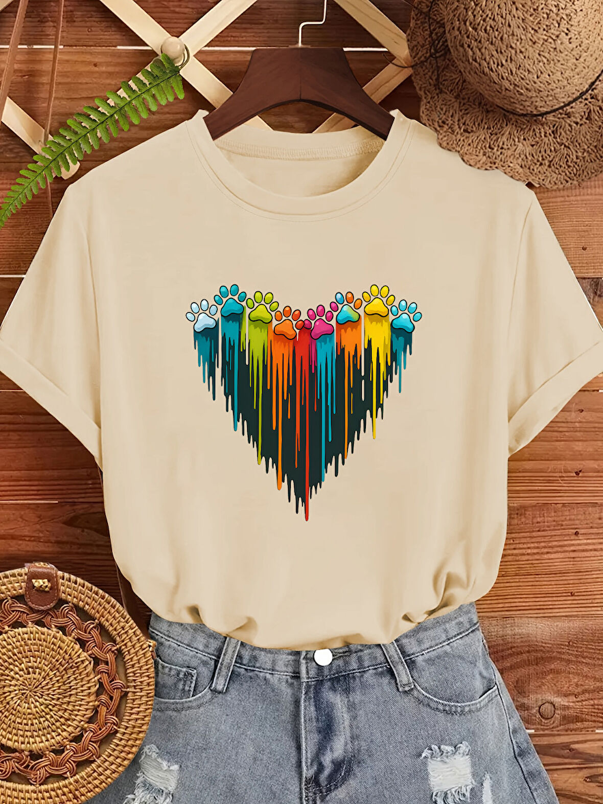 Unisex Sevimli Kedi Patili Kalp Tasarım Basklı Tshirt