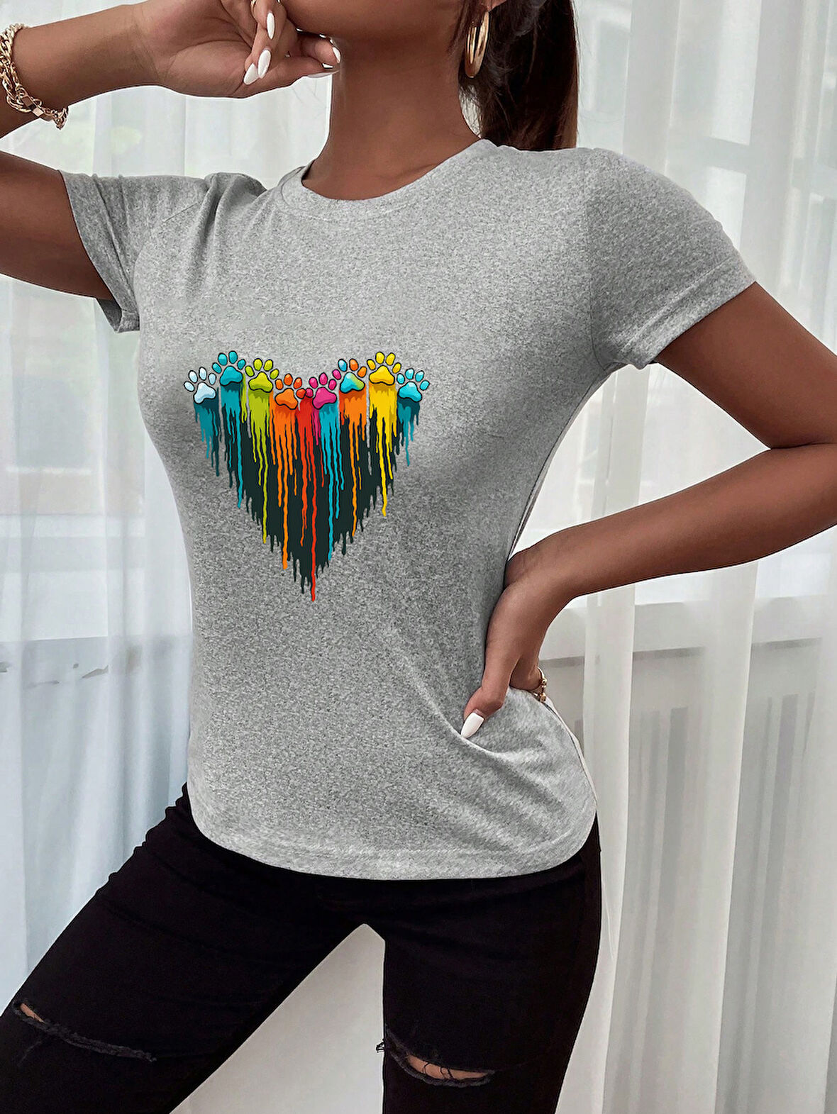 Unisex Sevimli Kedi Patili Kalp Tasarım Basklı Tshirt